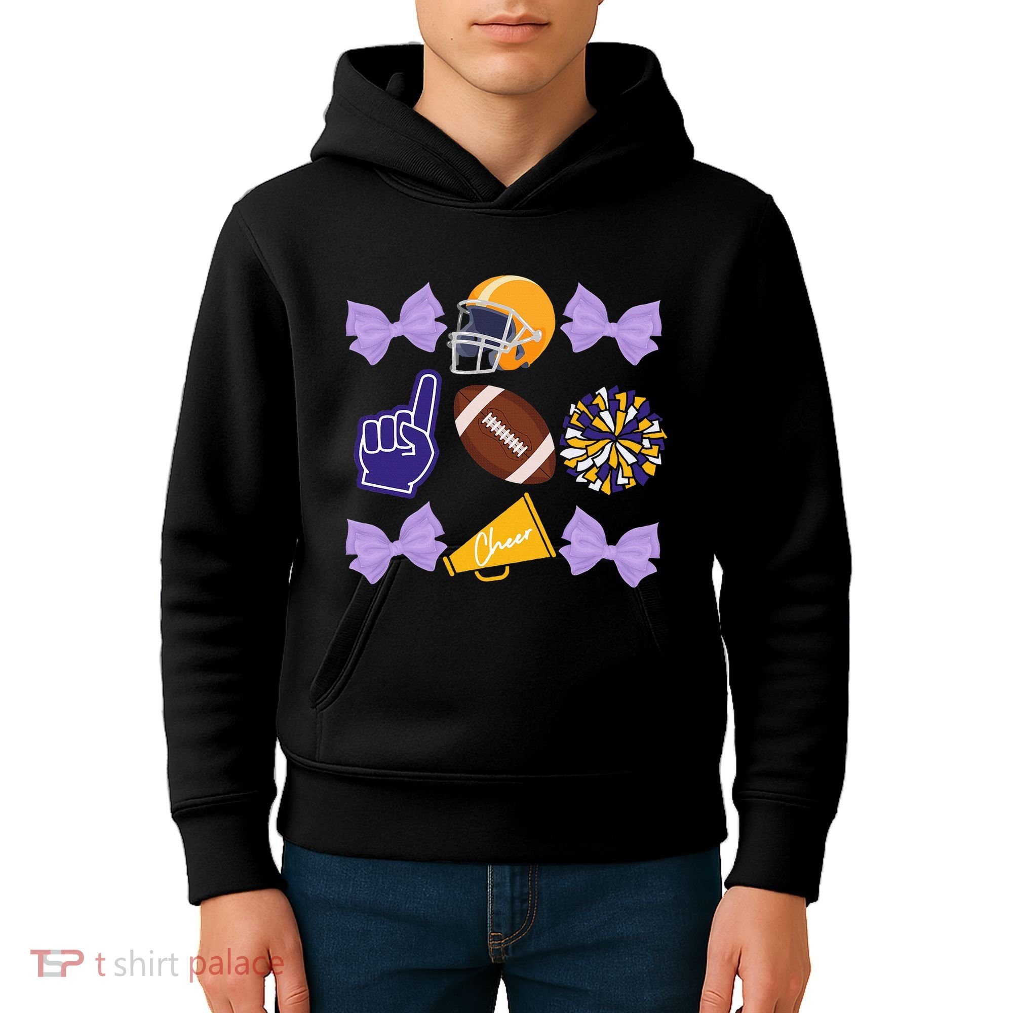 Coquette Bow Football Purple Gold Game Cheer Mom Touchdown Kids Hoodie