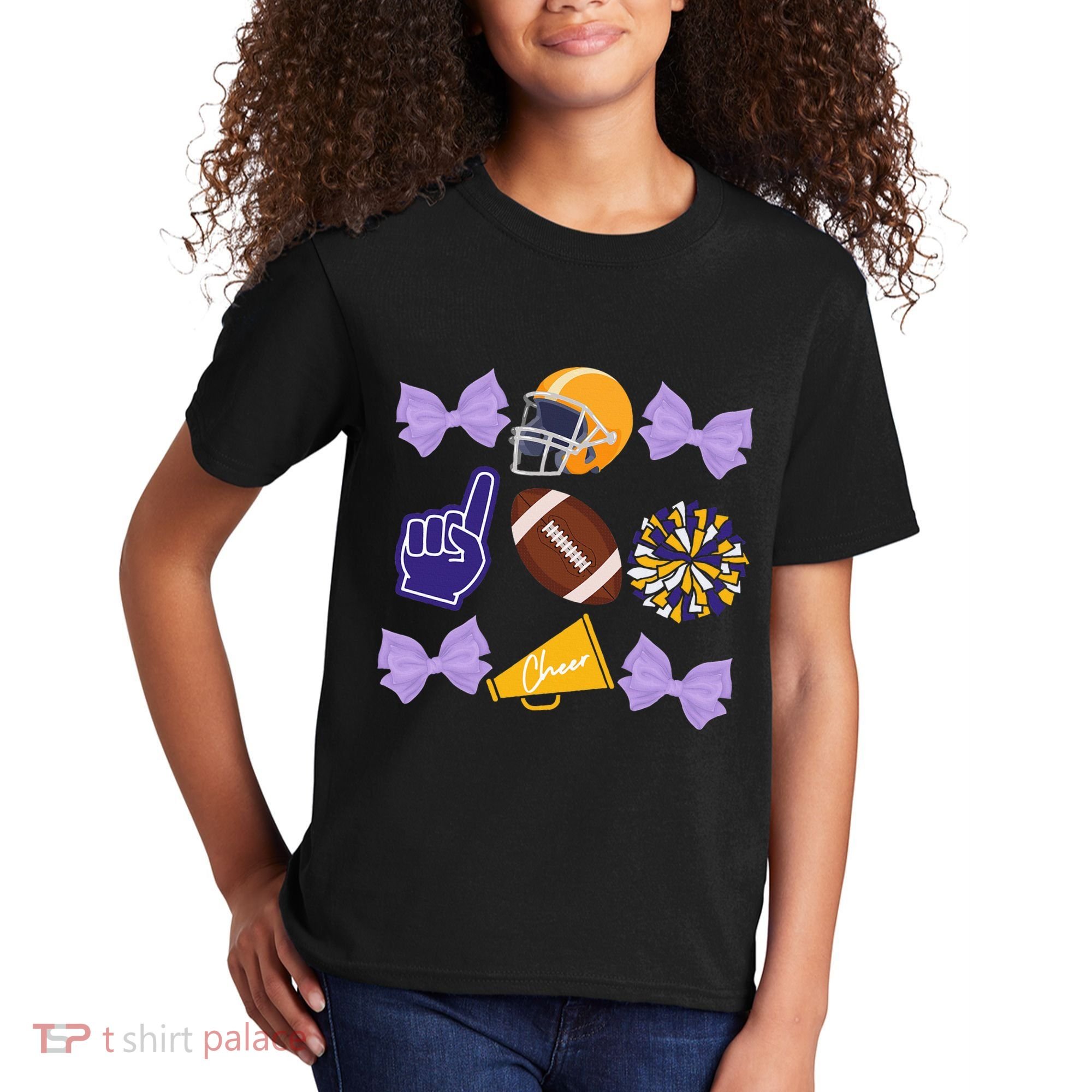 Coquette Bow Football Purple Gold Game Cheer Mom Touchdown Kids T-Shirt
