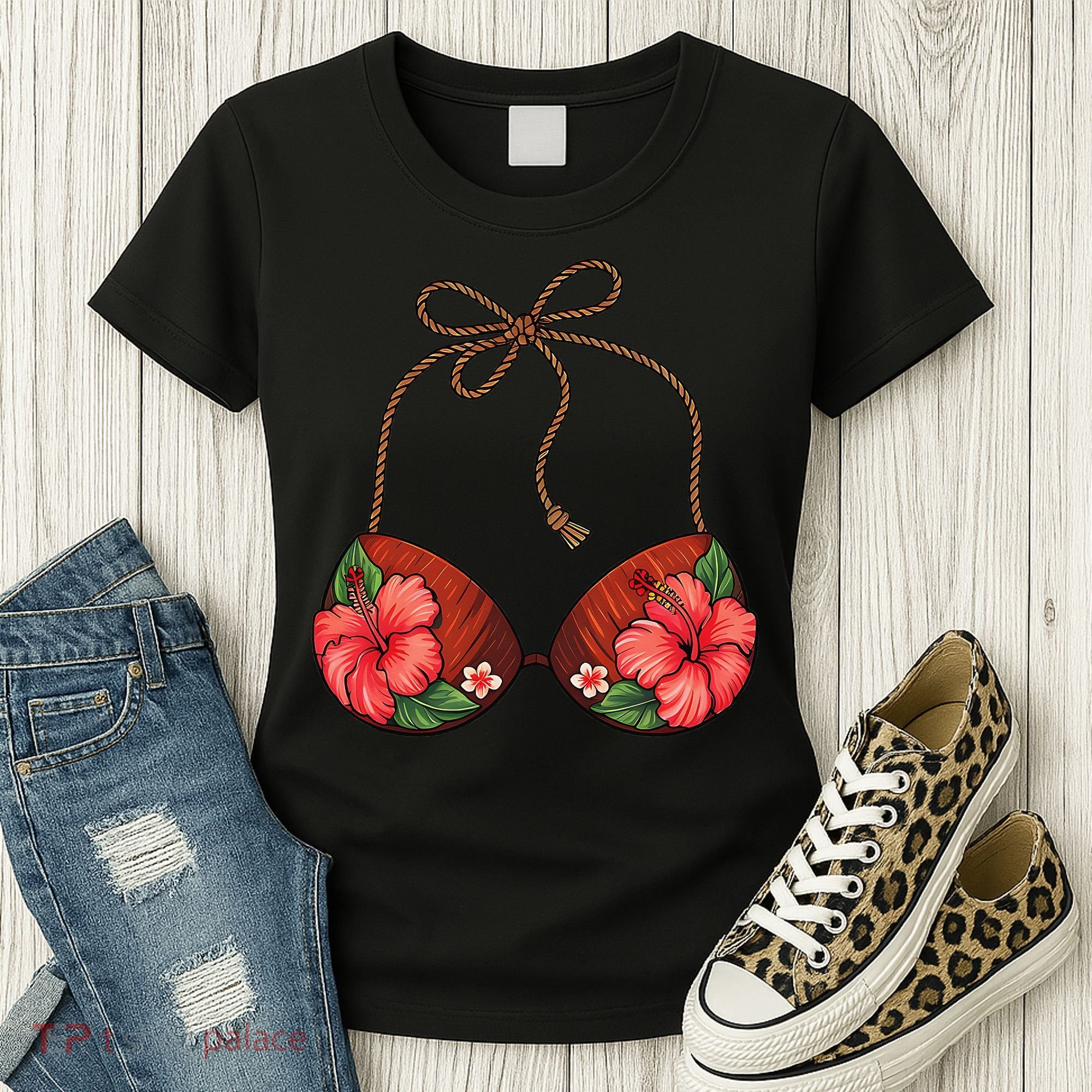 Coconut Bra Flower Boobs Funny Coconut Summer Aloha Beach Women's T-Shirt