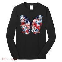 Cute Butterfly Flower Red White Blue Us Flag 4th Of July Long Sleeve Shirt thumb 0