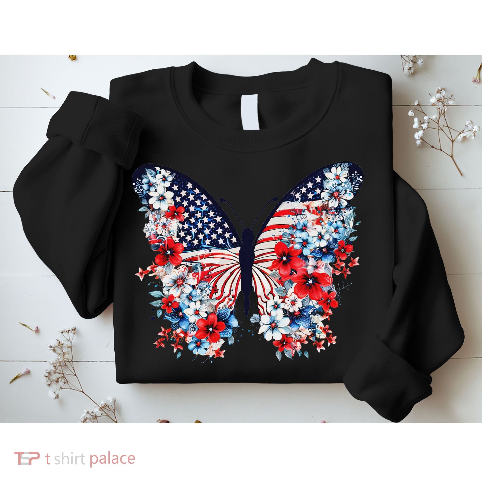 Cute Butterfly Flower Red White Blue Us Flag 4th Of July Sweatshirt