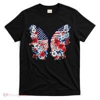 Cute Butterfly Flower Red White Blue Us Flag 4th Of July T-Shirt thumb 0