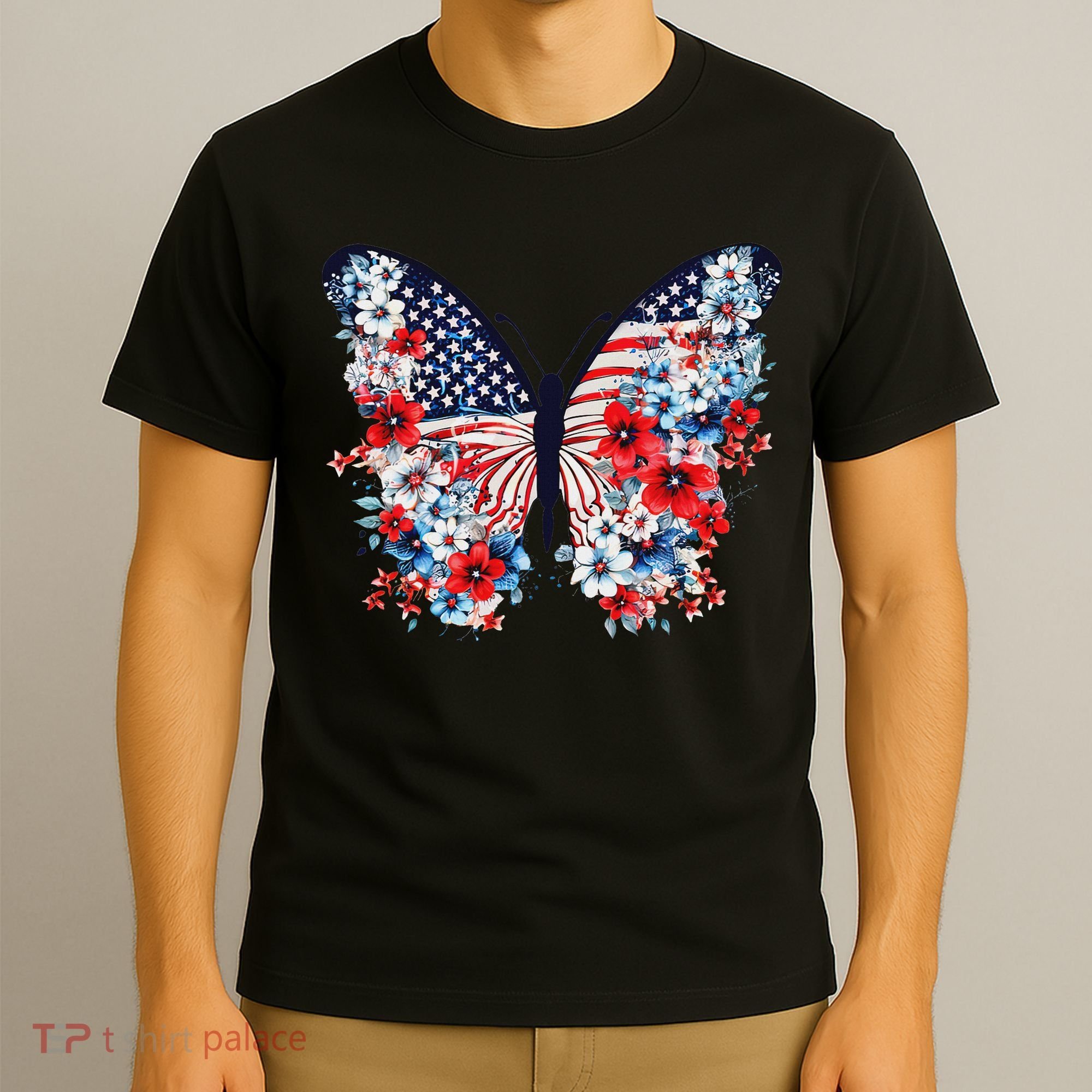 Cute Butterfly Flower Red White Blue Us Flag 4th Of July T-Shirt