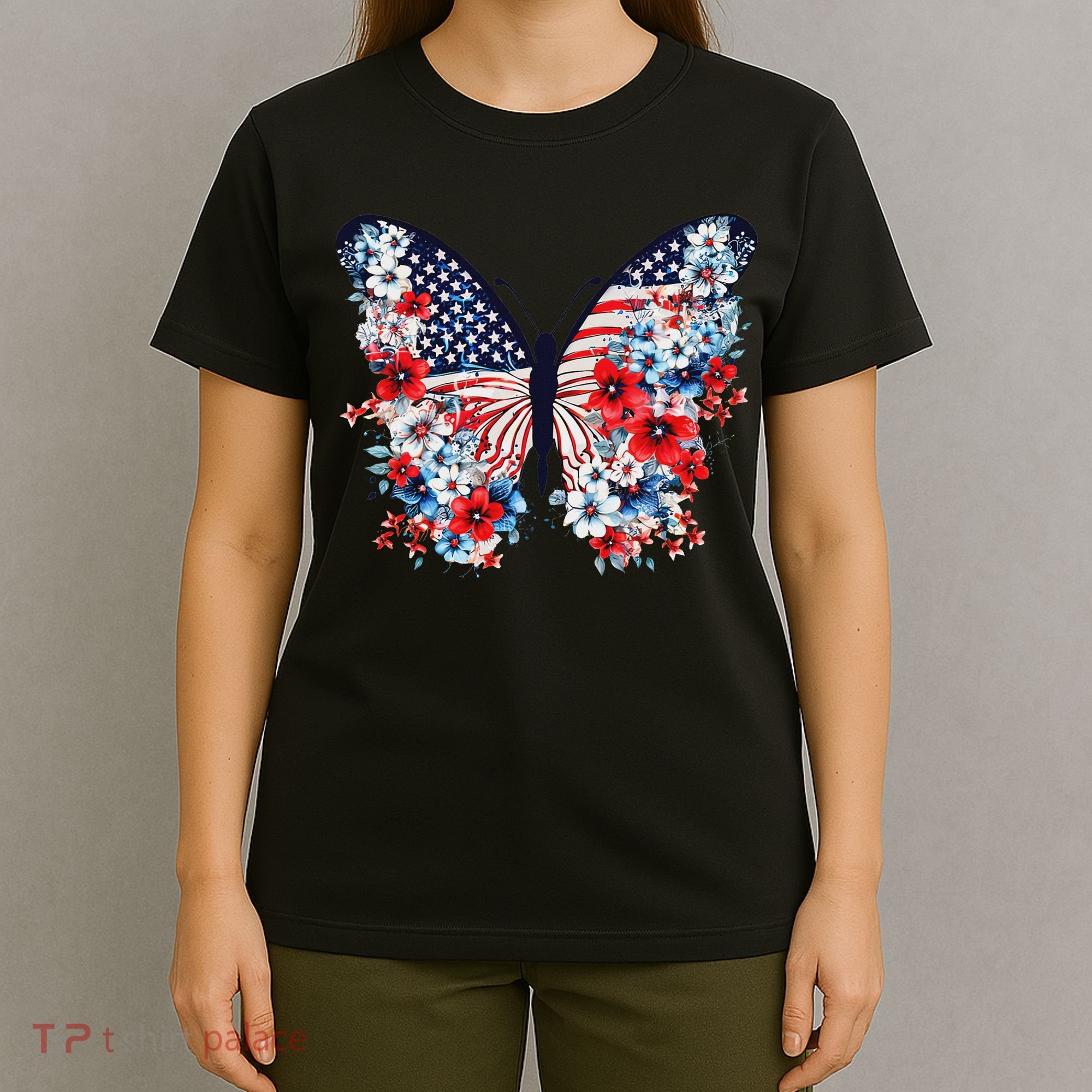 Cute Butterfly Flower Red White Blue Us Flag 4th Of July T-Shirt