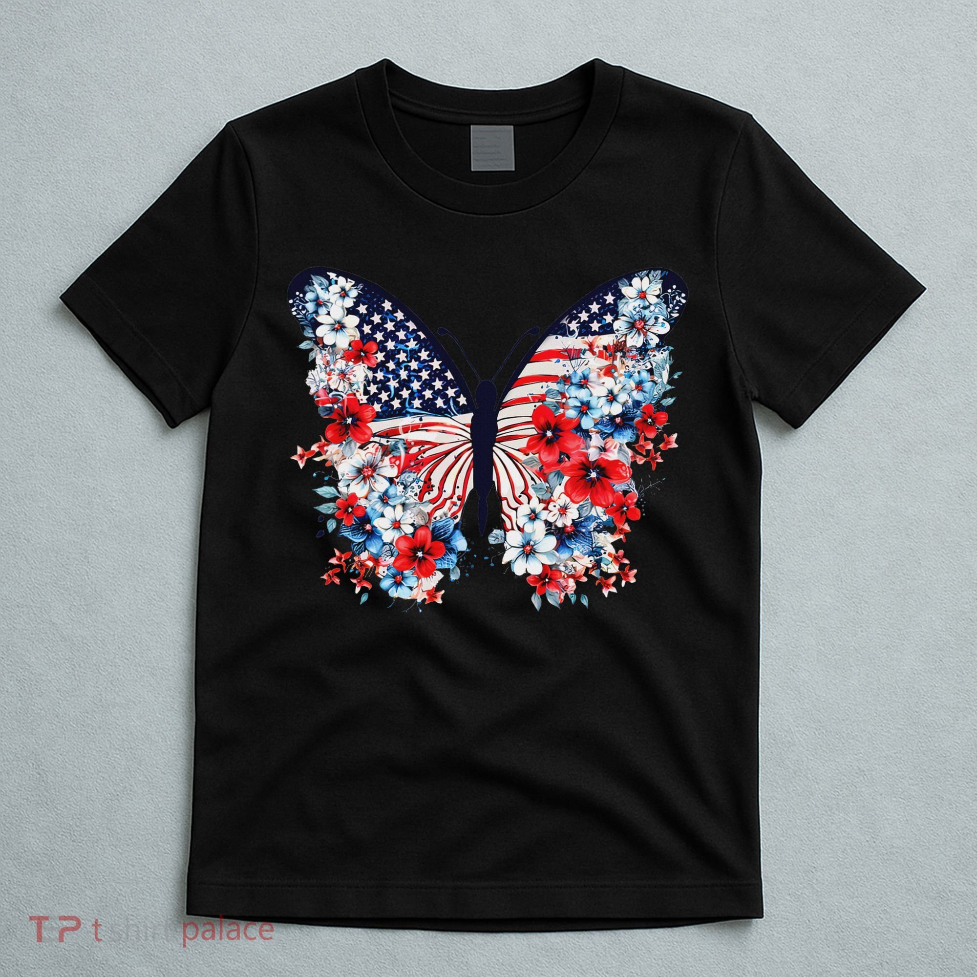 Cute Butterfly Flower Red White Blue Us Flag 4th Of July T-Shirt