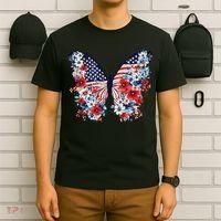 Cute Butterfly Flower Red White Blue Us Flag 4th Of July T-Shirt thumb 6