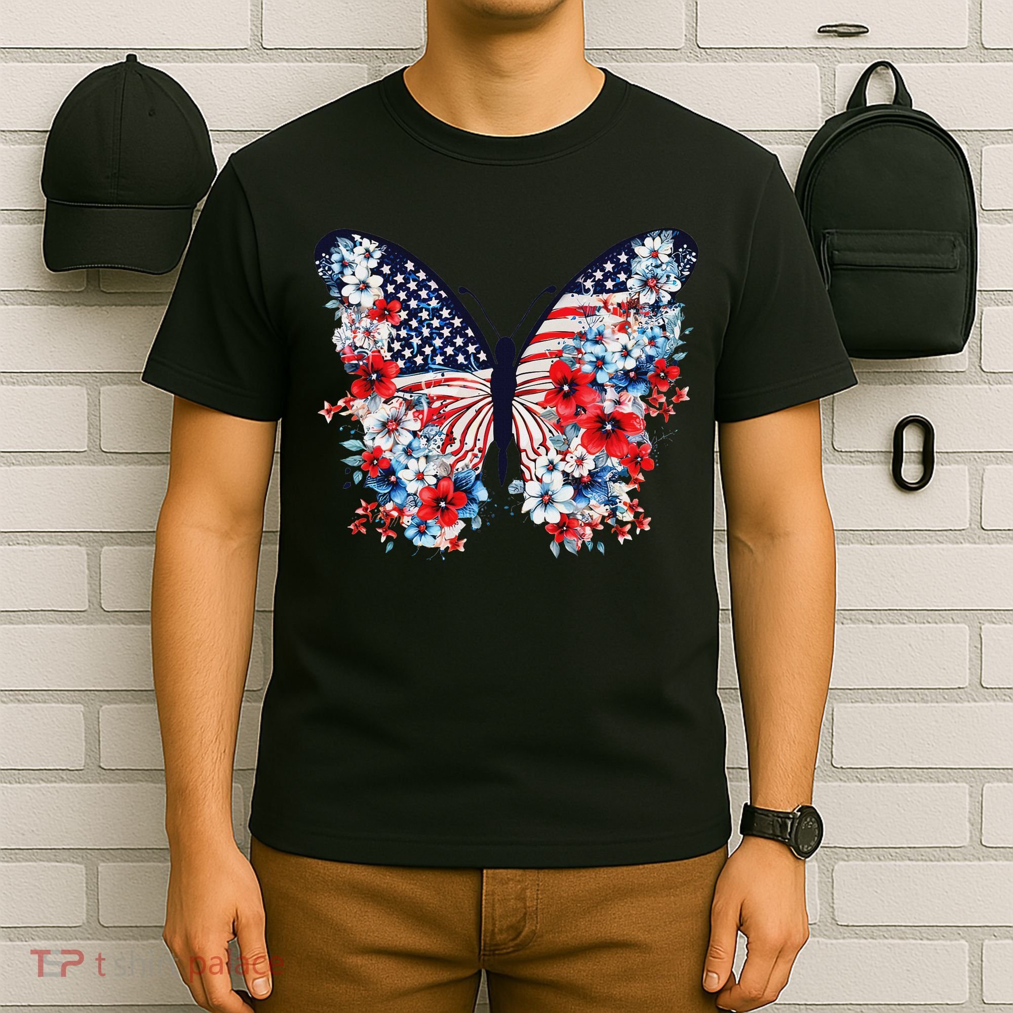 Cute Butterfly Flower Red White Blue Us Flag 4th Of July T-Shirt