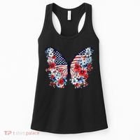 Cute Butterfly Flower Red White Blue Us Flag 4th Of July Women's Tank Top thumb 0