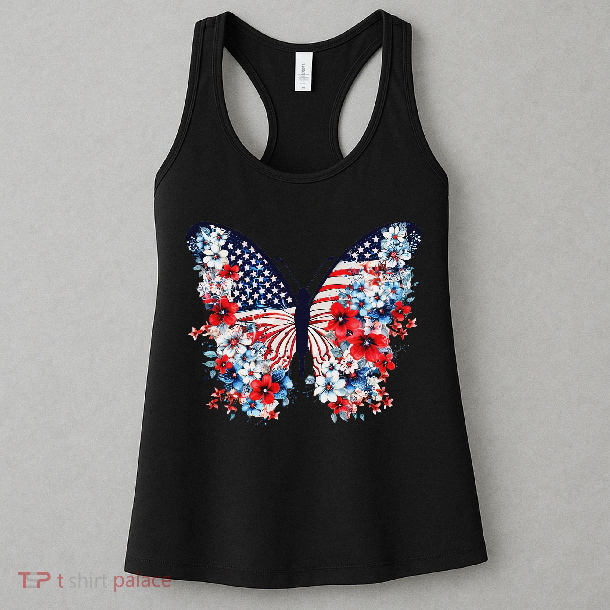 Cute Butterfly Flower Red White Blue Us Flag 4th Of July Women's Tank Top
