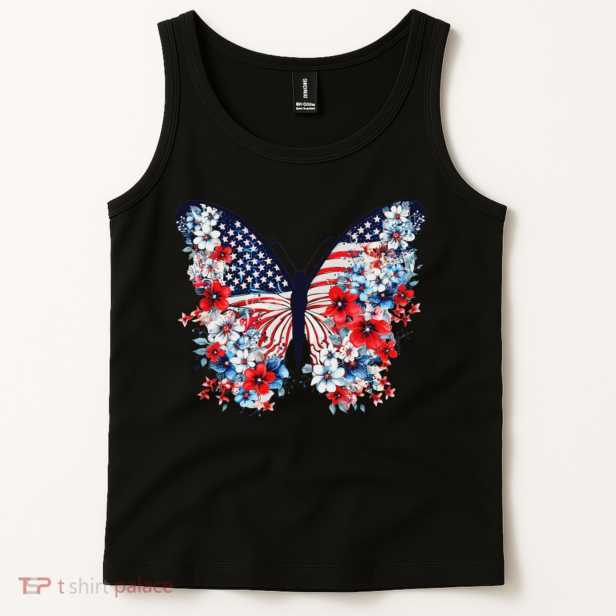 Cute Butterfly Flower Red White Blue Us Flag 4th Of July Tank Top