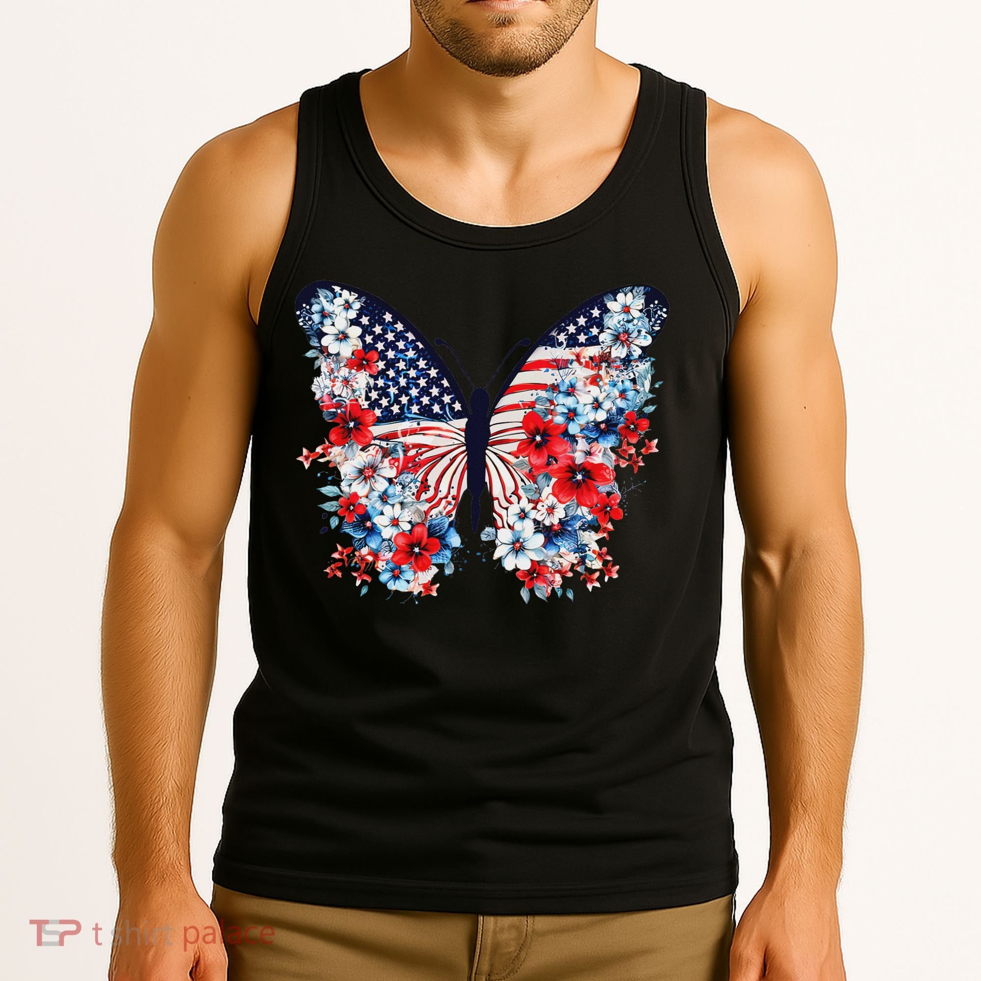 Cute Butterfly Flower Red White Blue Us Flag 4th Of July Tank Top