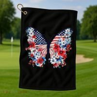 Cute Butterfly Flower Red White Blue Us Flag 4th Of July Golf Towel thumb 1