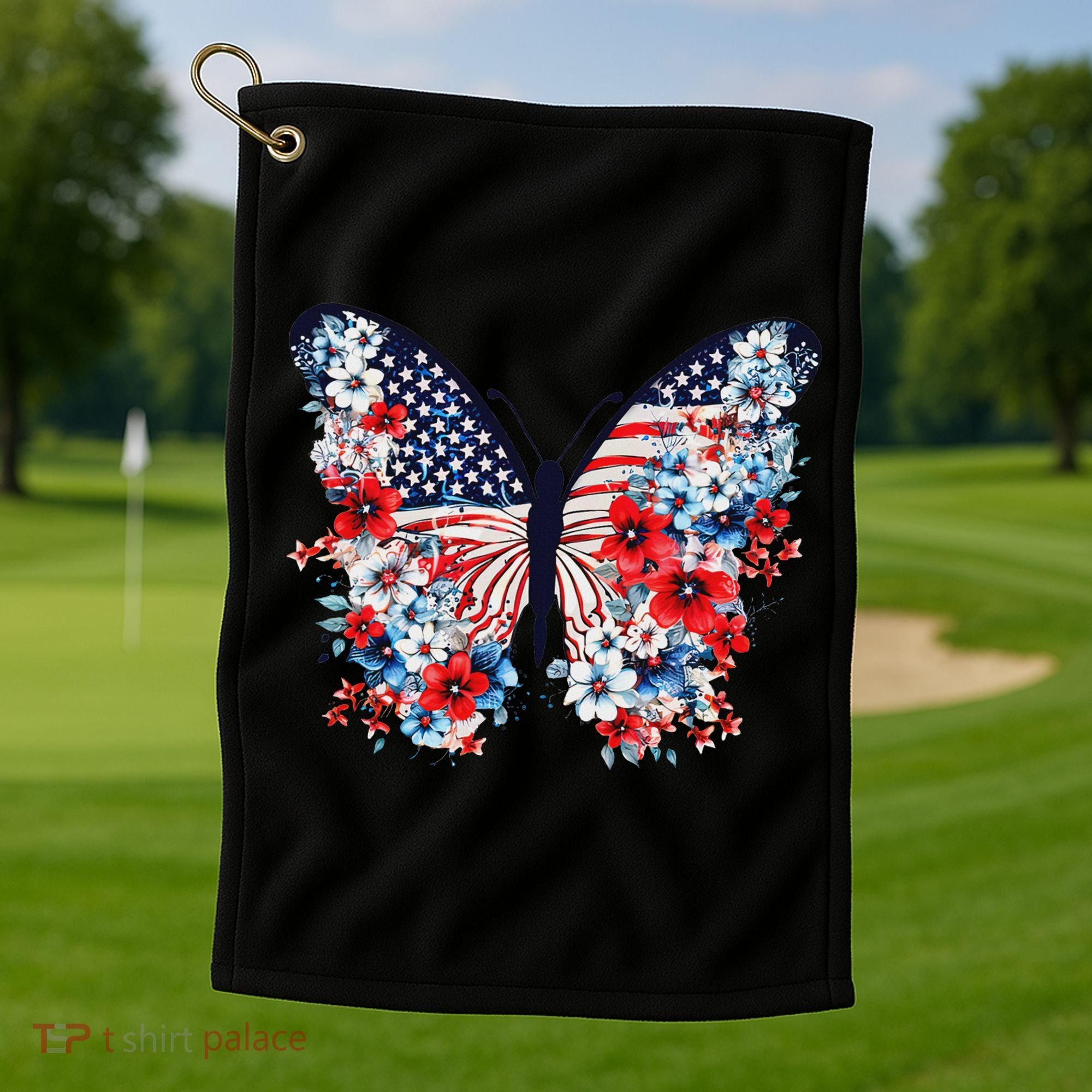 Cute Butterfly Flower Red White Blue Us Flag 4th Of July Golf Towel