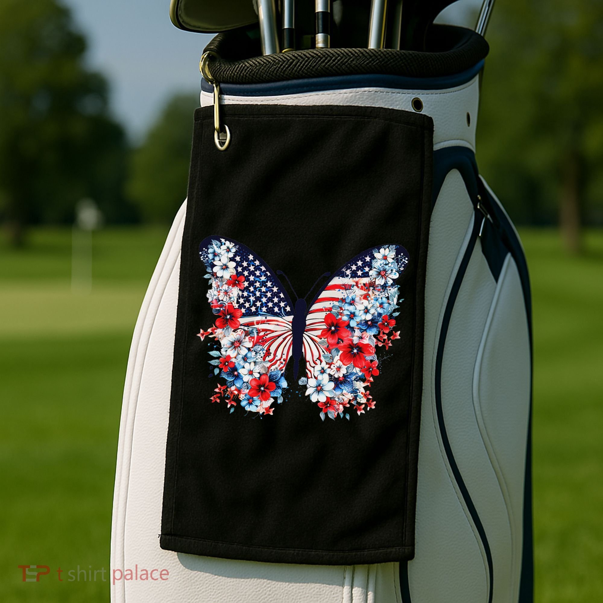 Cute Butterfly Flower Red White Blue Us Flag 4th Of July Golf Towel