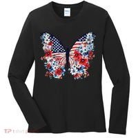 Cute Butterfly Flower Red White Blue Us Flag 4th Of July Women's Long Sleeve Shirt thumb 0