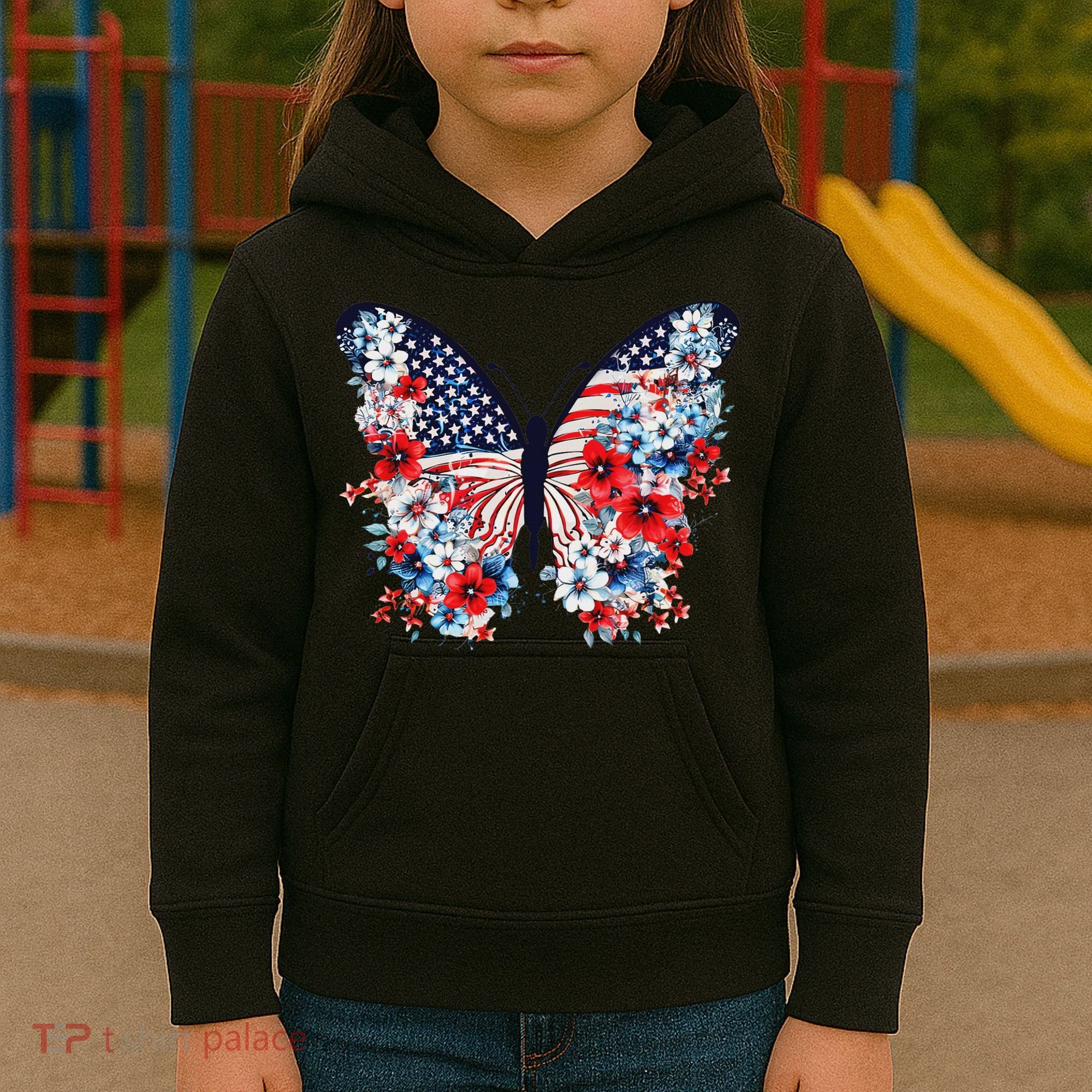 Cute Butterfly Flower Red White Blue Us Flag 4th Of July Kids Hoodie