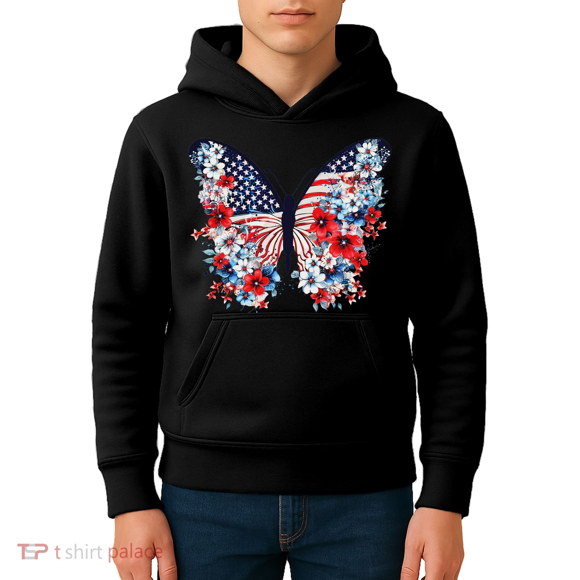 Cute Butterfly Flower Red White Blue Us Flag 4th Of July Kids Hoodie