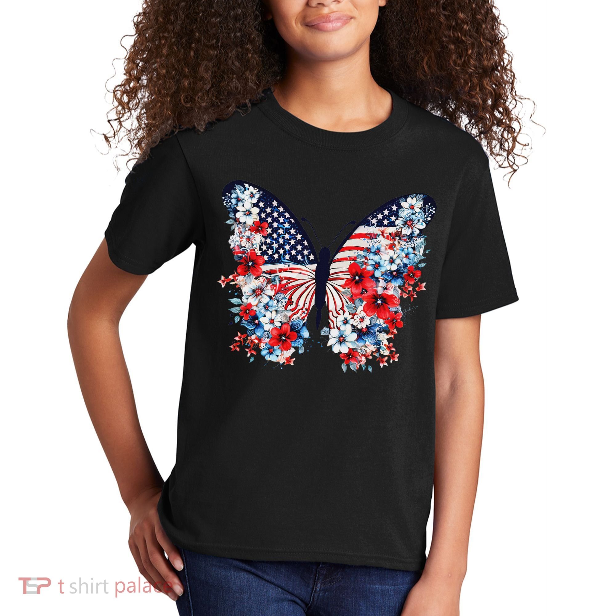 Cute Butterfly Flower Red White Blue Us Flag 4th Of July Kids T-Shirt