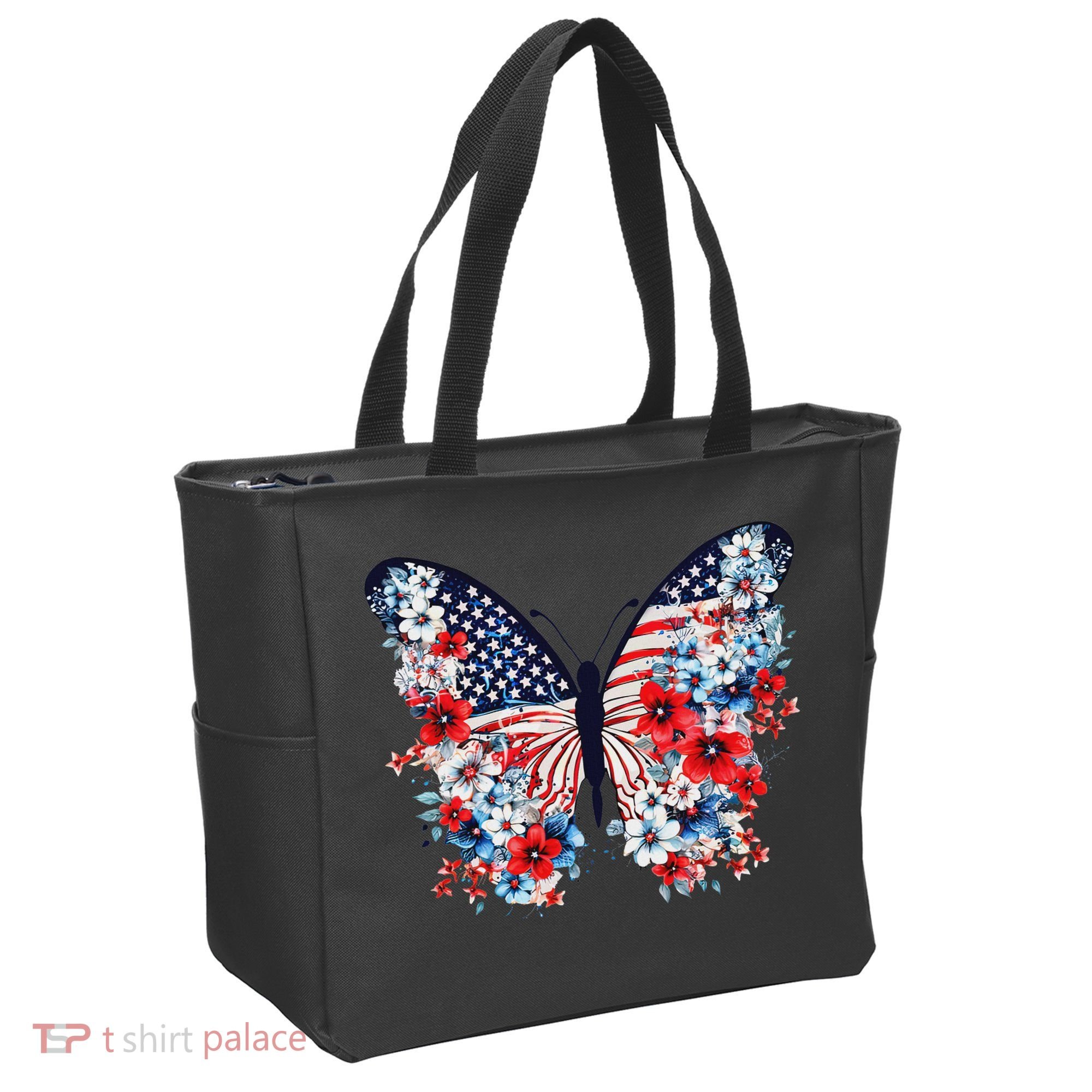 Cute Butterfly Flower Red White Blue Us Flag 4th Of July Tote Bag