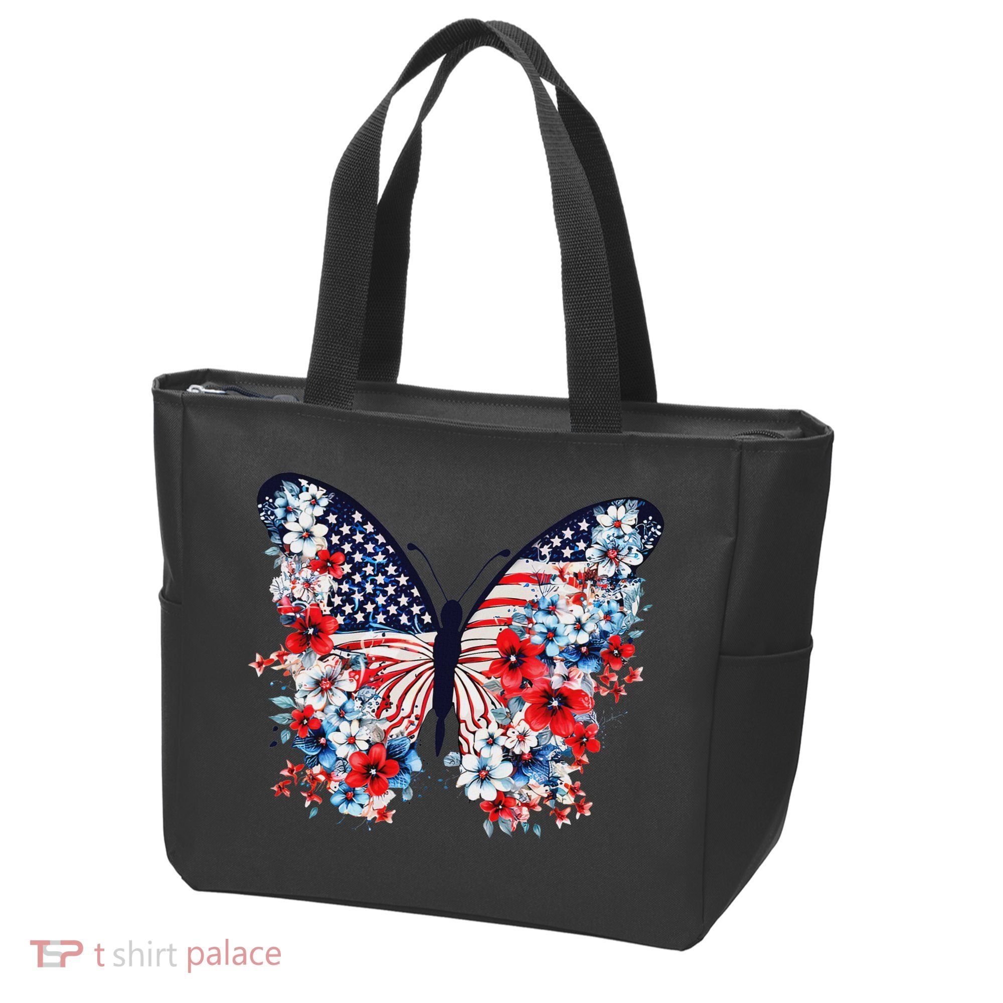 Cute Butterfly Flower Red White Blue Us Flag 4th Of July Tote Bag