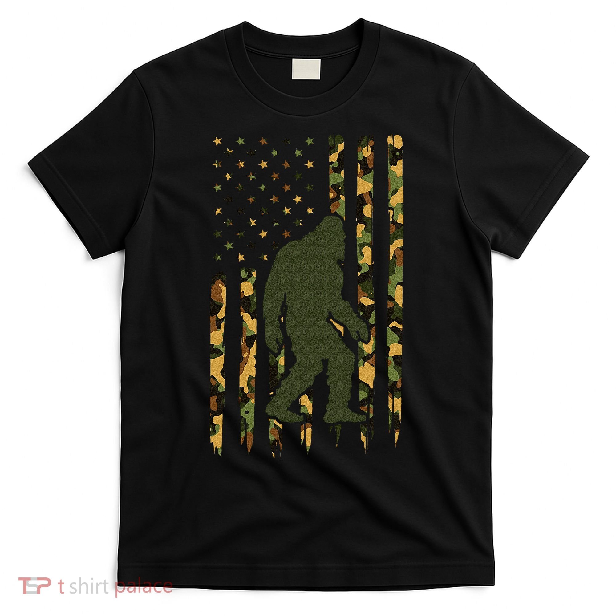 Camo Big Foot Sasquatch Vintage Bigfoot American Flag T-Shirt