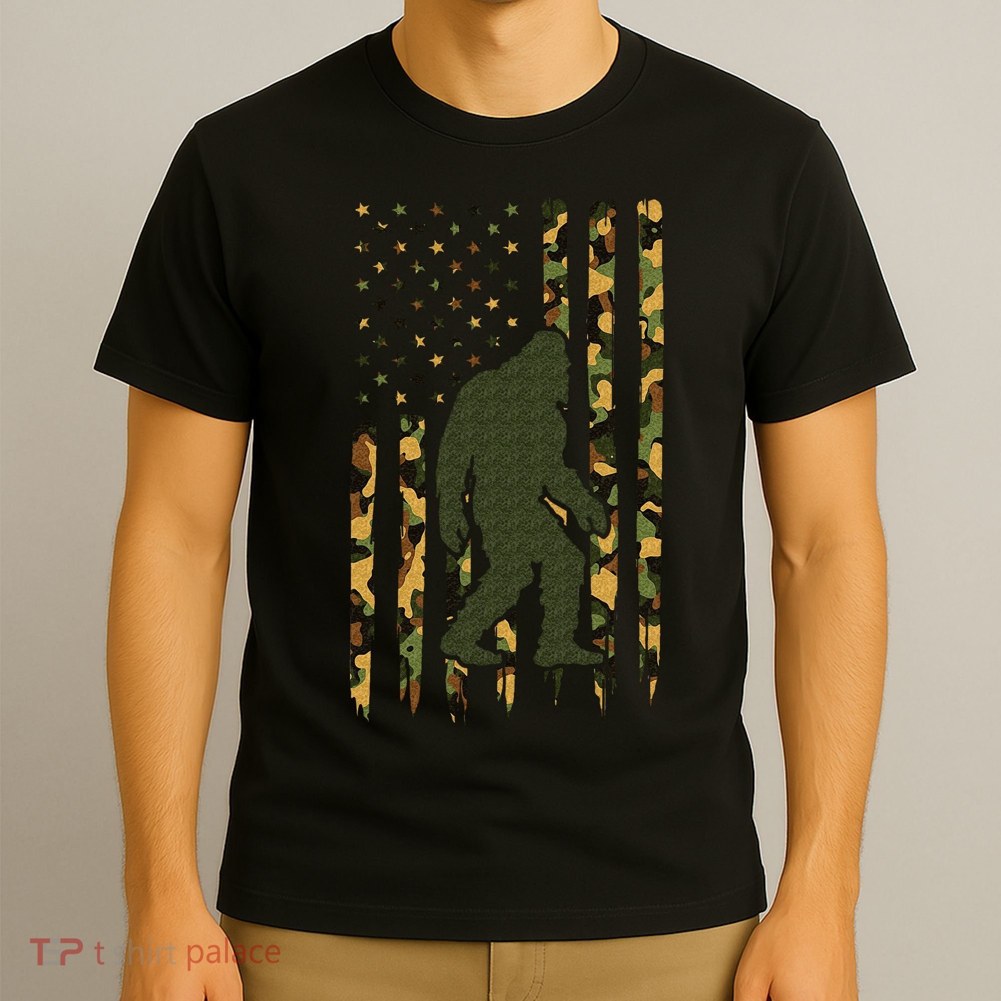 Camo Big Foot Sasquatch Vintage Bigfoot American Flag T-Shirt