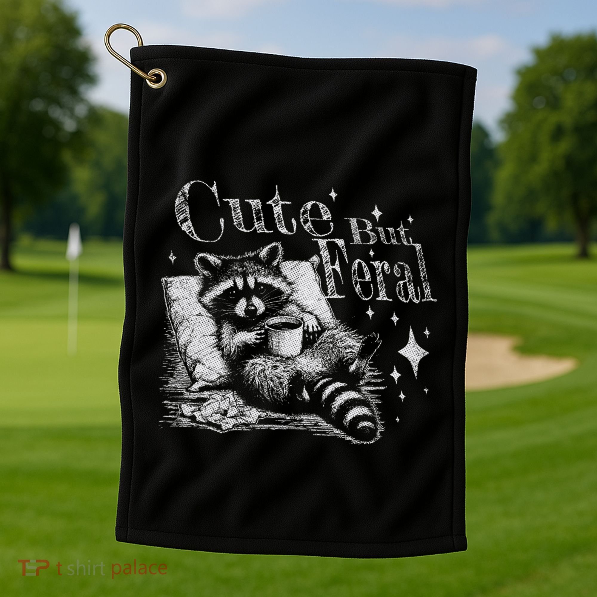 Cute But Feral Funny Raccoon Meme Love Coffee Gift Golf Towel