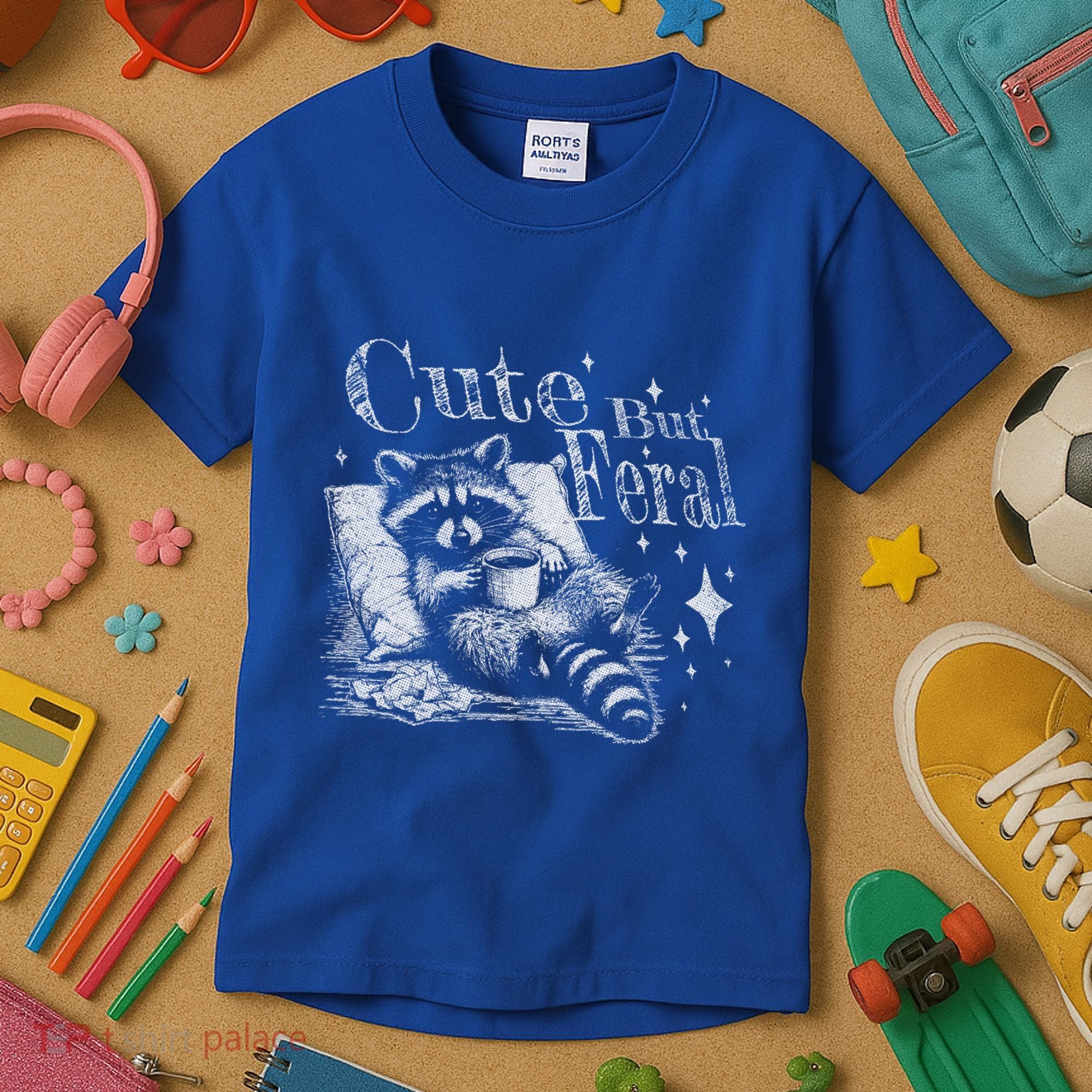 Cute But Feral Funny Raccoon Meme Love Coffee Gift Kids T-Shirt