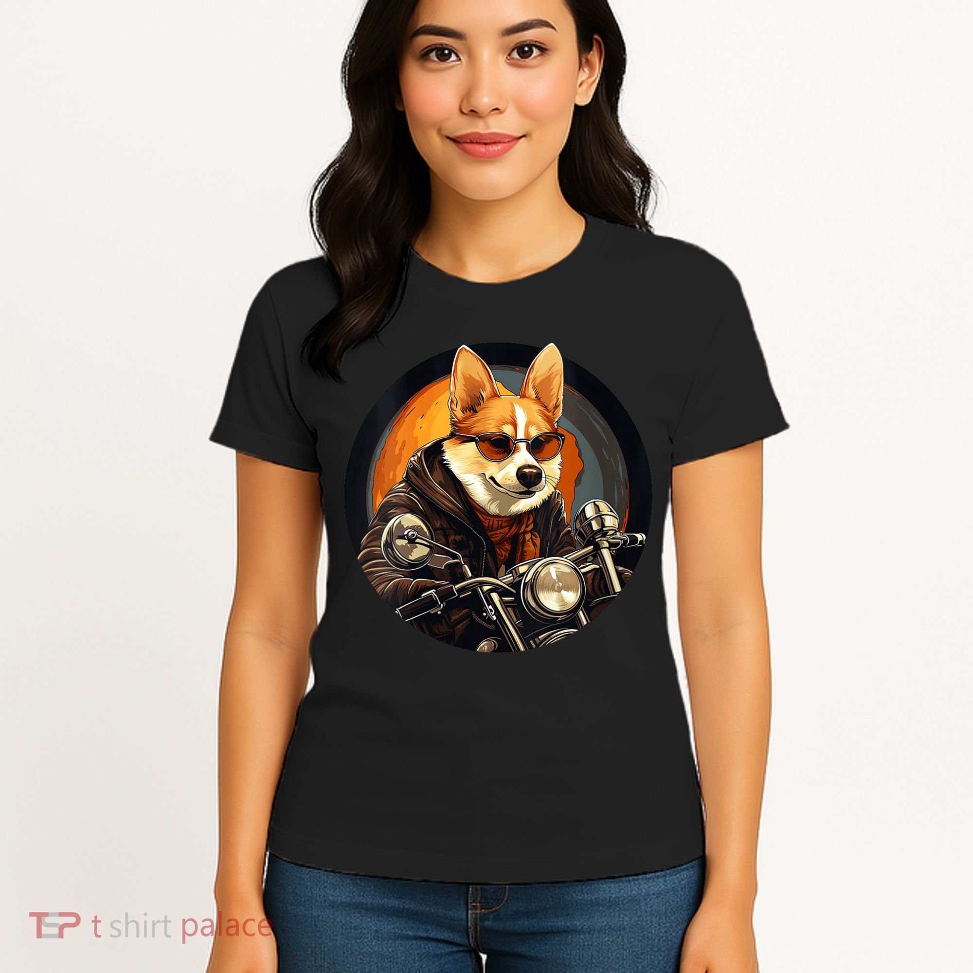 Corgi Biker Funny Dog Motorcycle VNeck Women's T-Shirt