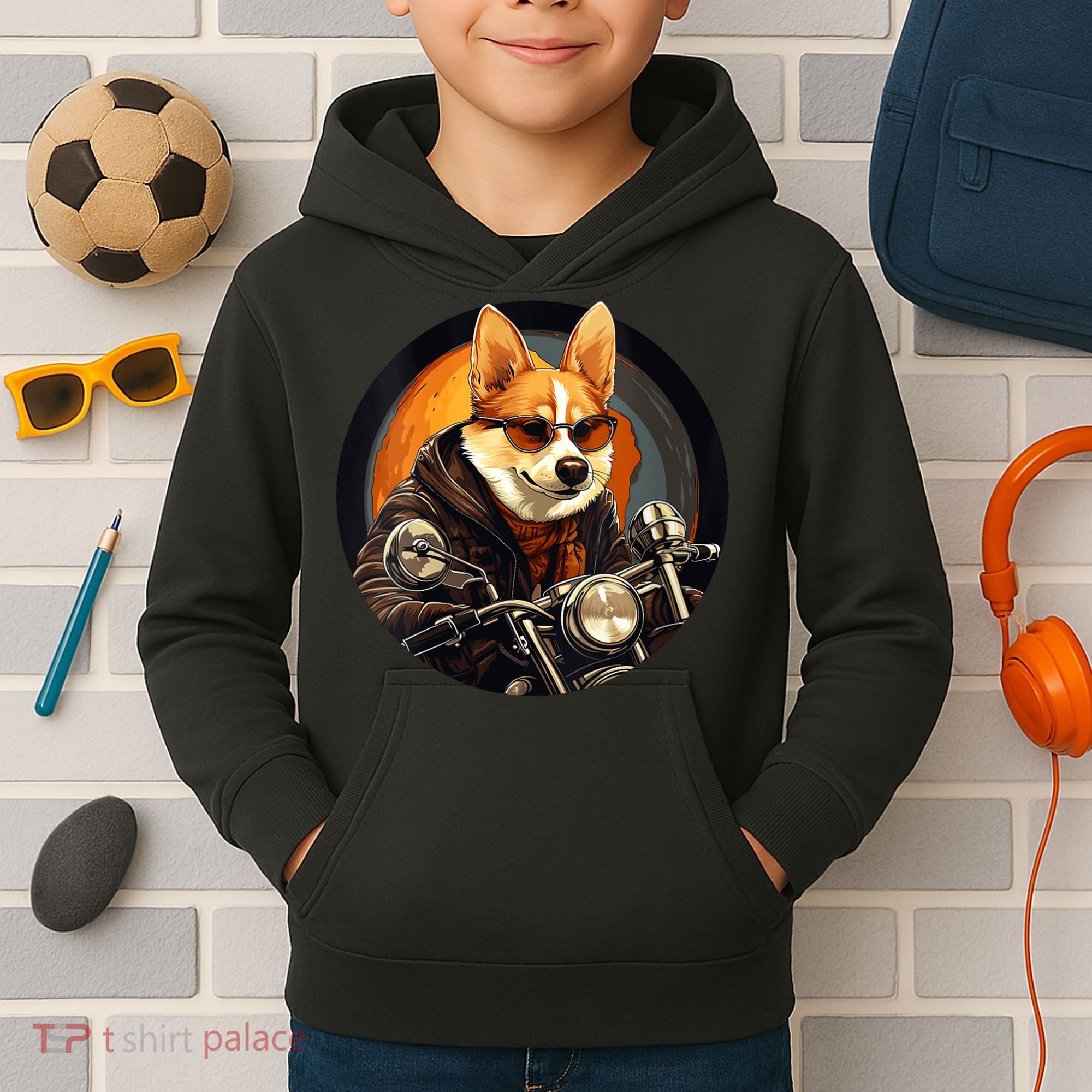 Corgi Biker Funny Dog Motorcycle VNeck Kids Hoodie