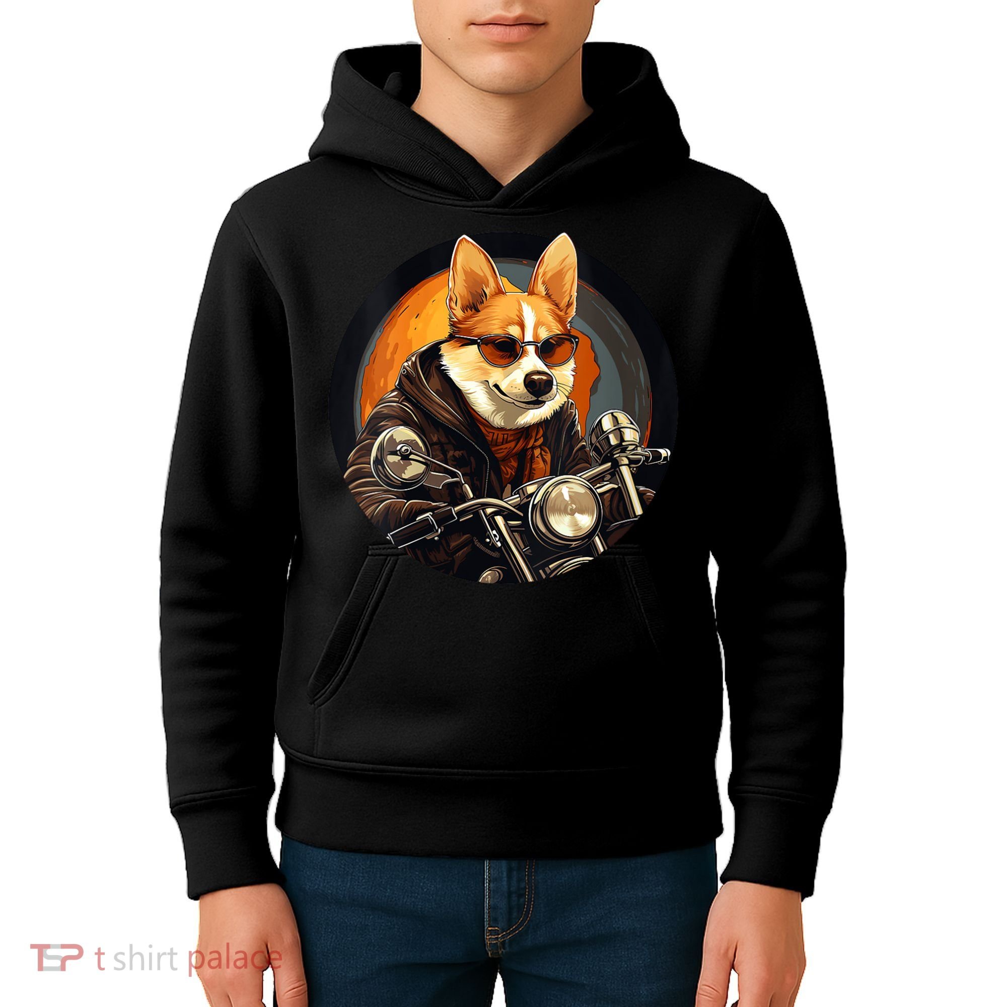 Corgi Biker Funny Dog Motorcycle VNeck Kids Hoodie