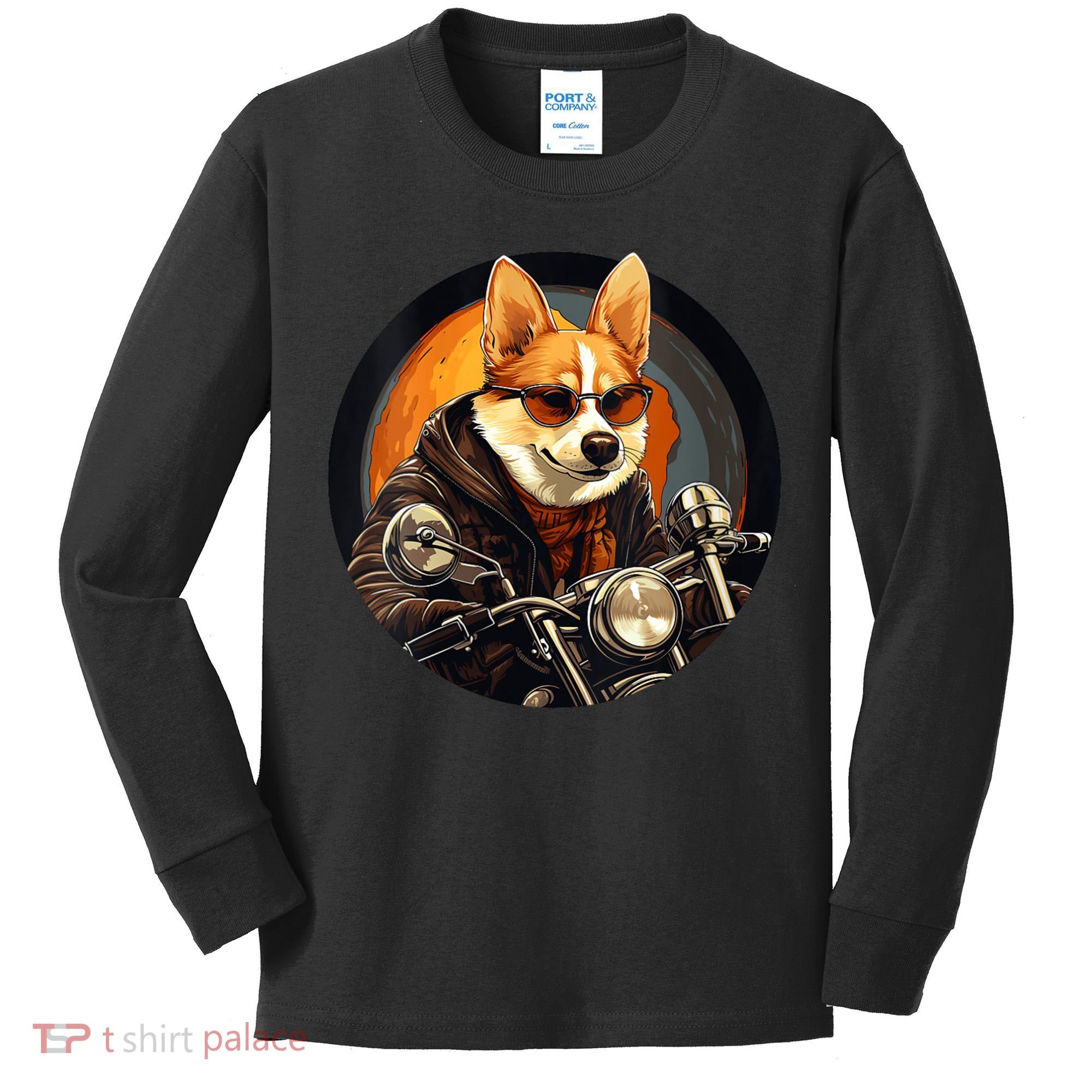 Corgi Biker Funny Dog Motorcycle VNeck Kids Long Sleeve Shirt