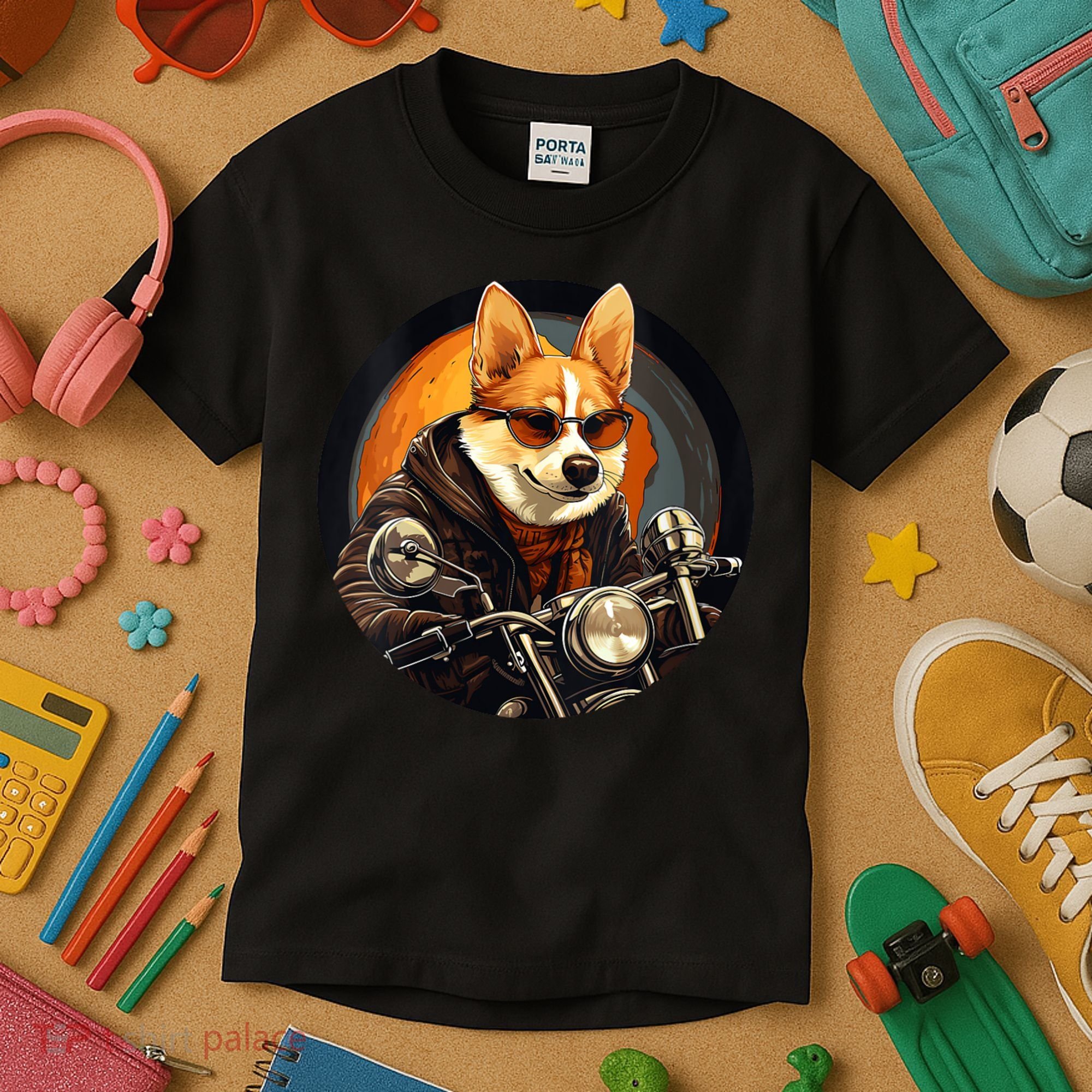 Corgi Biker Funny Dog Motorcycle VNeck Kids T-Shirt