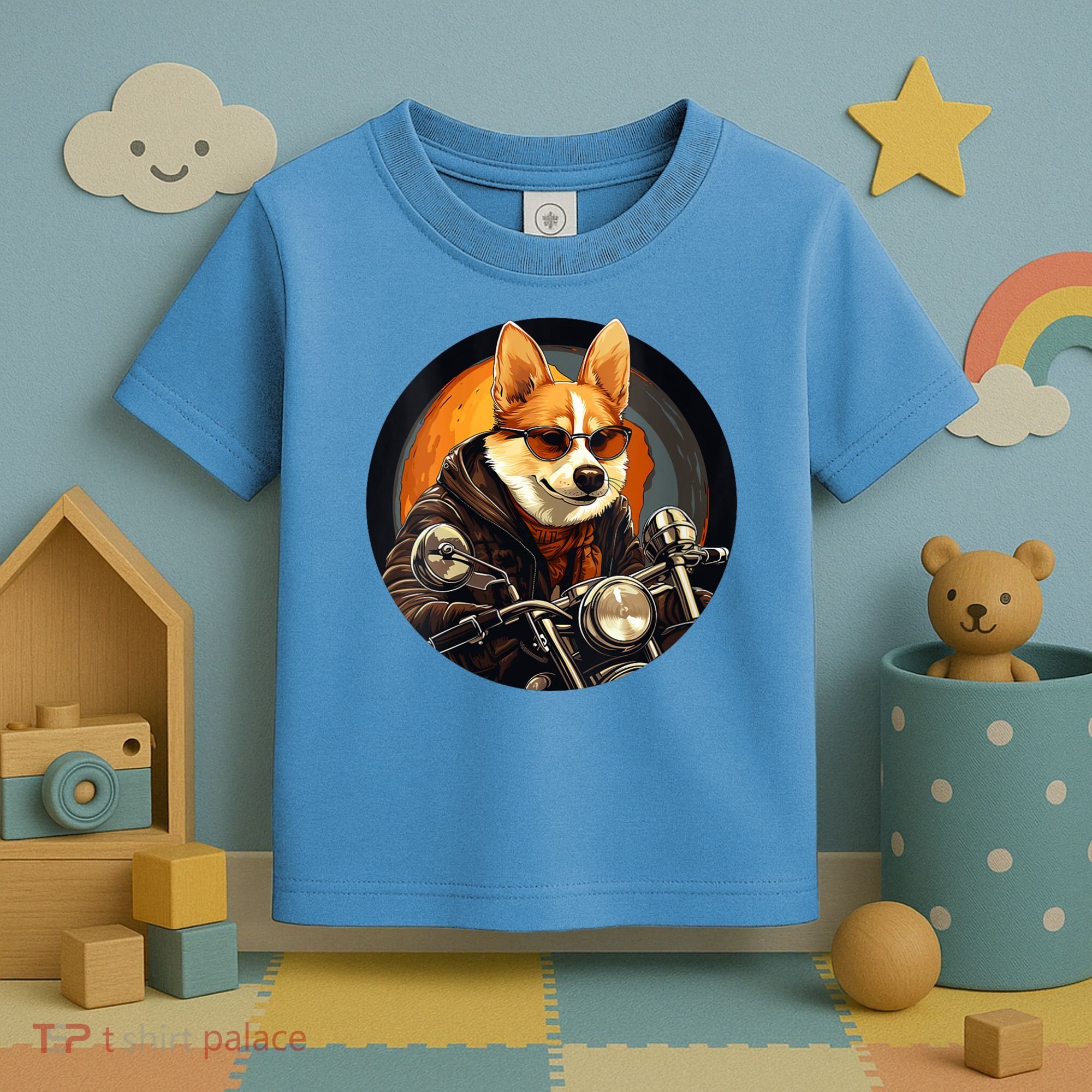 Corgi Biker Funny Dog Motorcycle VNeck Toddler T-Shirt