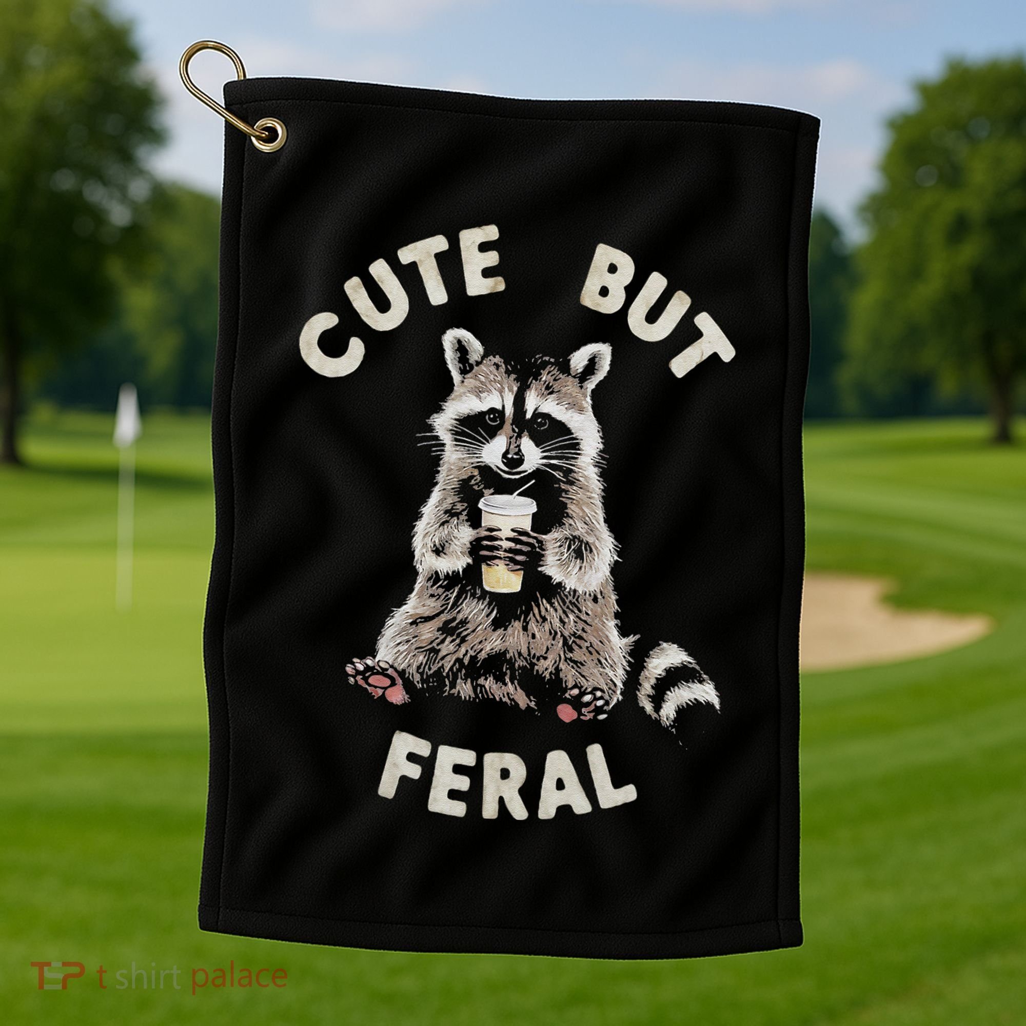 Cute But Feral Funny Sarcastic Raccoon Gift Golf Towel