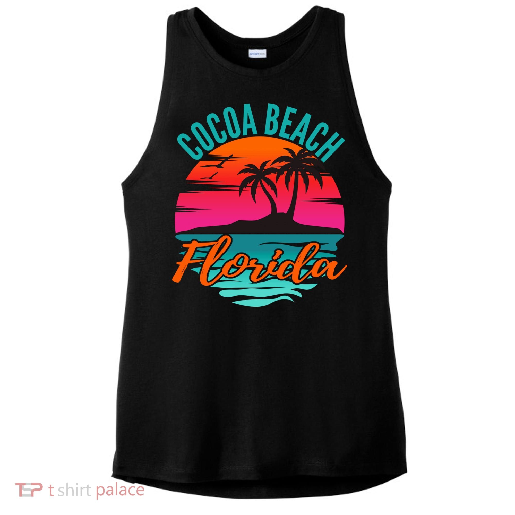 Cocoa Beach Florida Palm Tree Island Pink Sunset Ladies PosiCharge Tri-Blend Wicking Tank