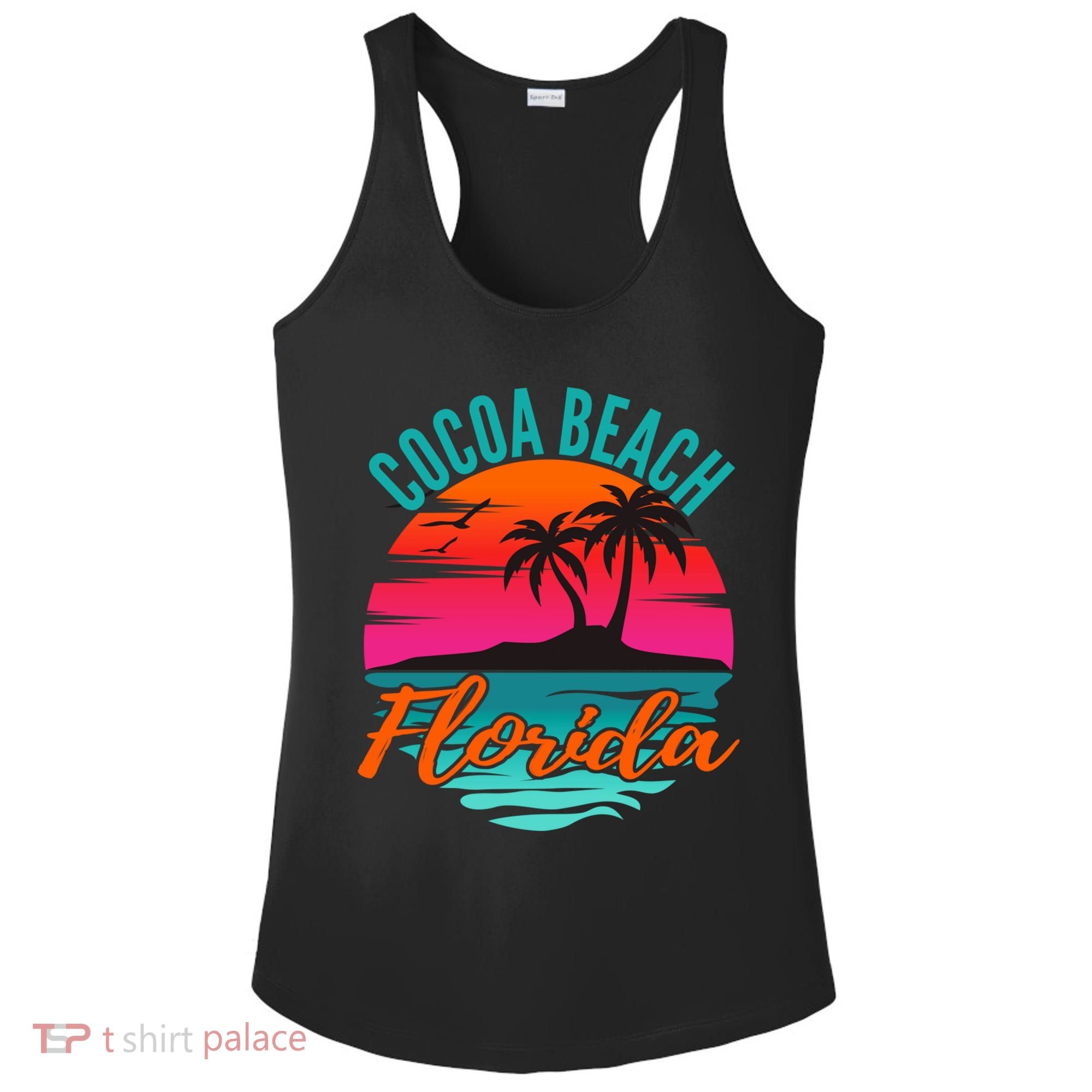 Cocoa Beach Florida Palm Tree Island Pink Sunset Ladies PosiCharge Competitor Racerback Tank