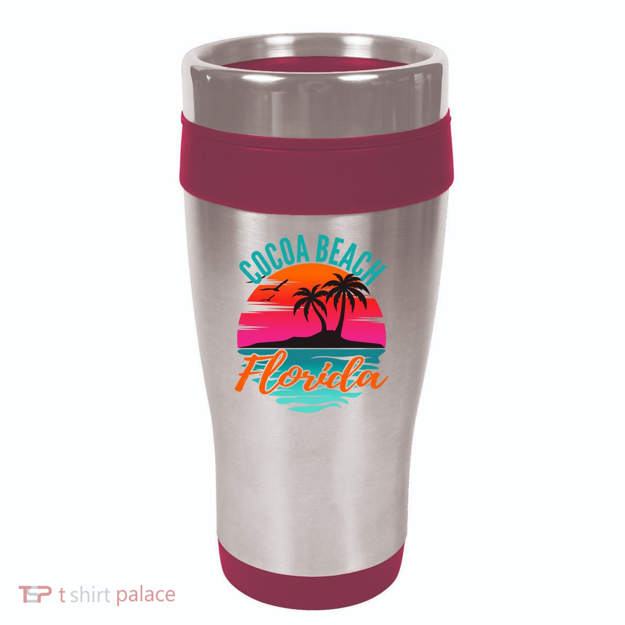 Cocoa Beach Florida Palm Tree Island Pink Sunset 16oz Travel Tumbler