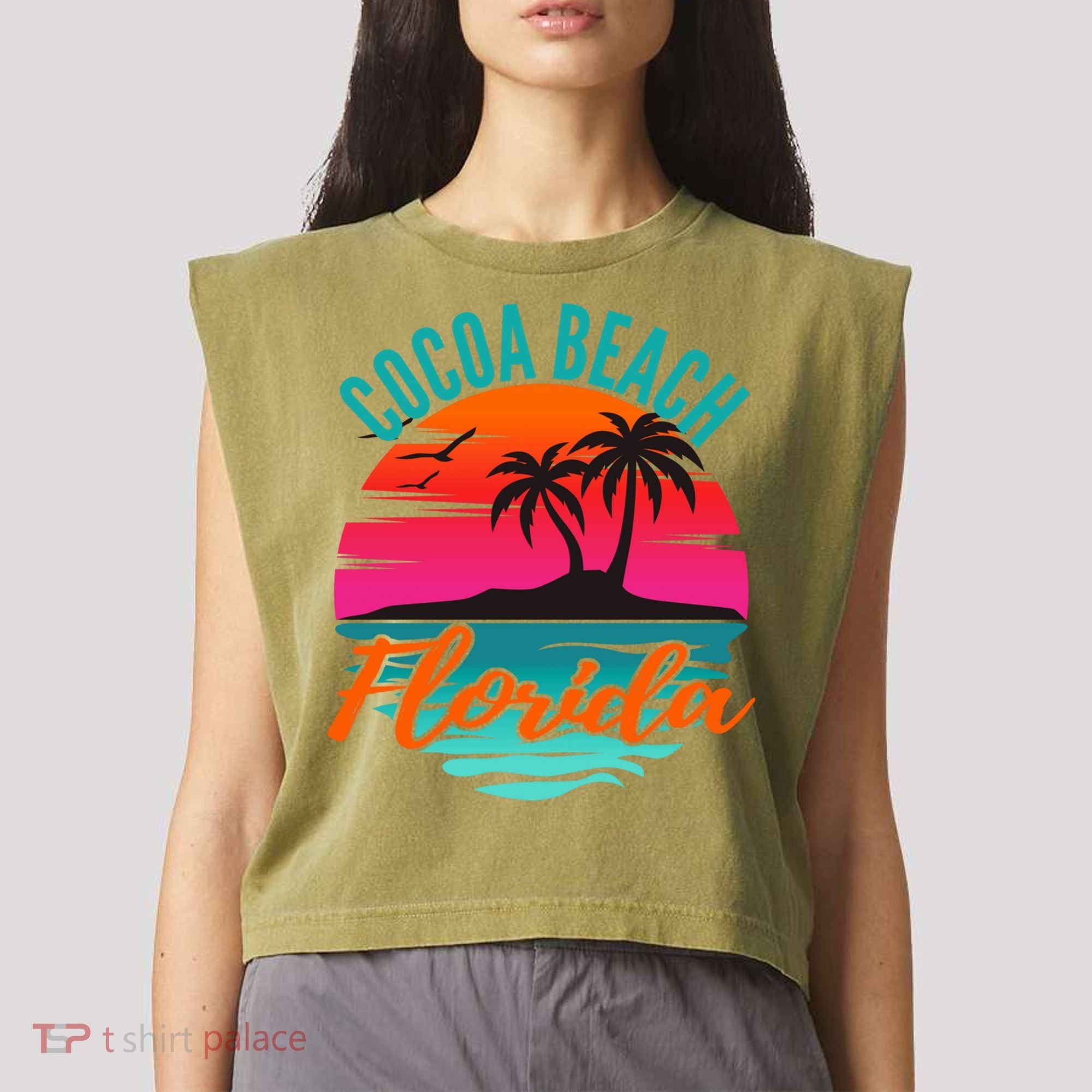 Cocoa Beach Florida Palm Tree Island Pink Sunset Garment-Dyed Women's Muscle Tee