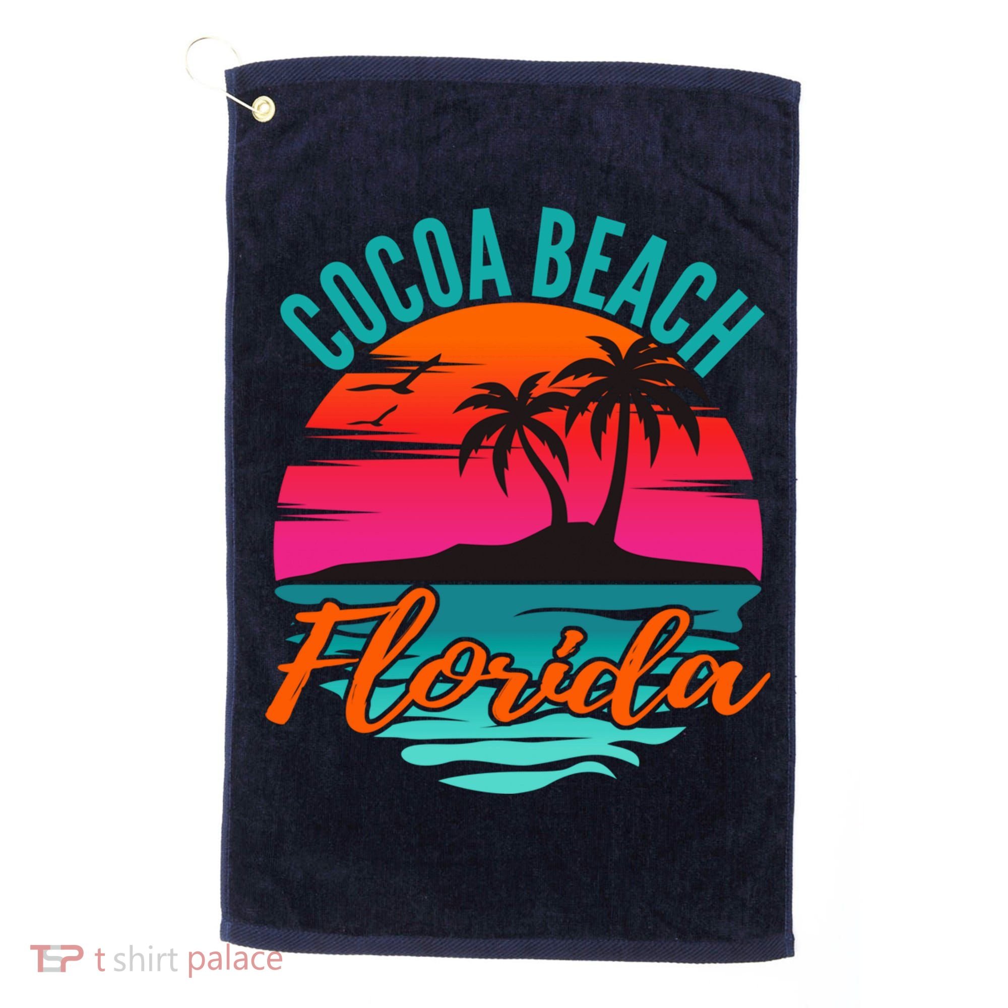 Cocoa Beach Florida Palm Tree Island Pink Sunset Golf Towel