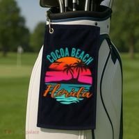 Cocoa Beach Florida Palm Tree Island Pink Sunset Golf Towel thumb 2