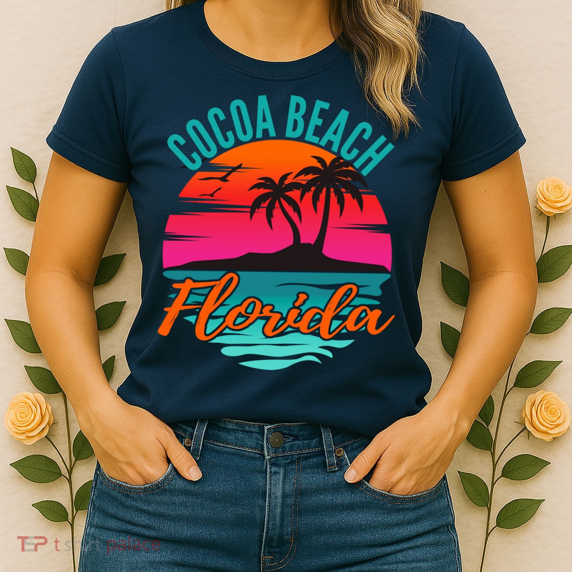 Cocoa Beach Florida Palm Tree Island Pink Sunset Women's T-Shirt