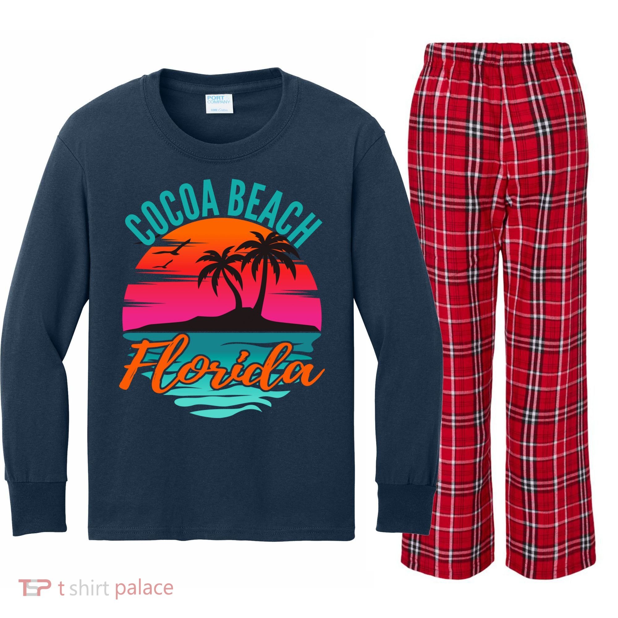 Cocoa Beach Florida Palm Tree Island Pink Sunset Kids Long Sleeve Plaid Pajama Set