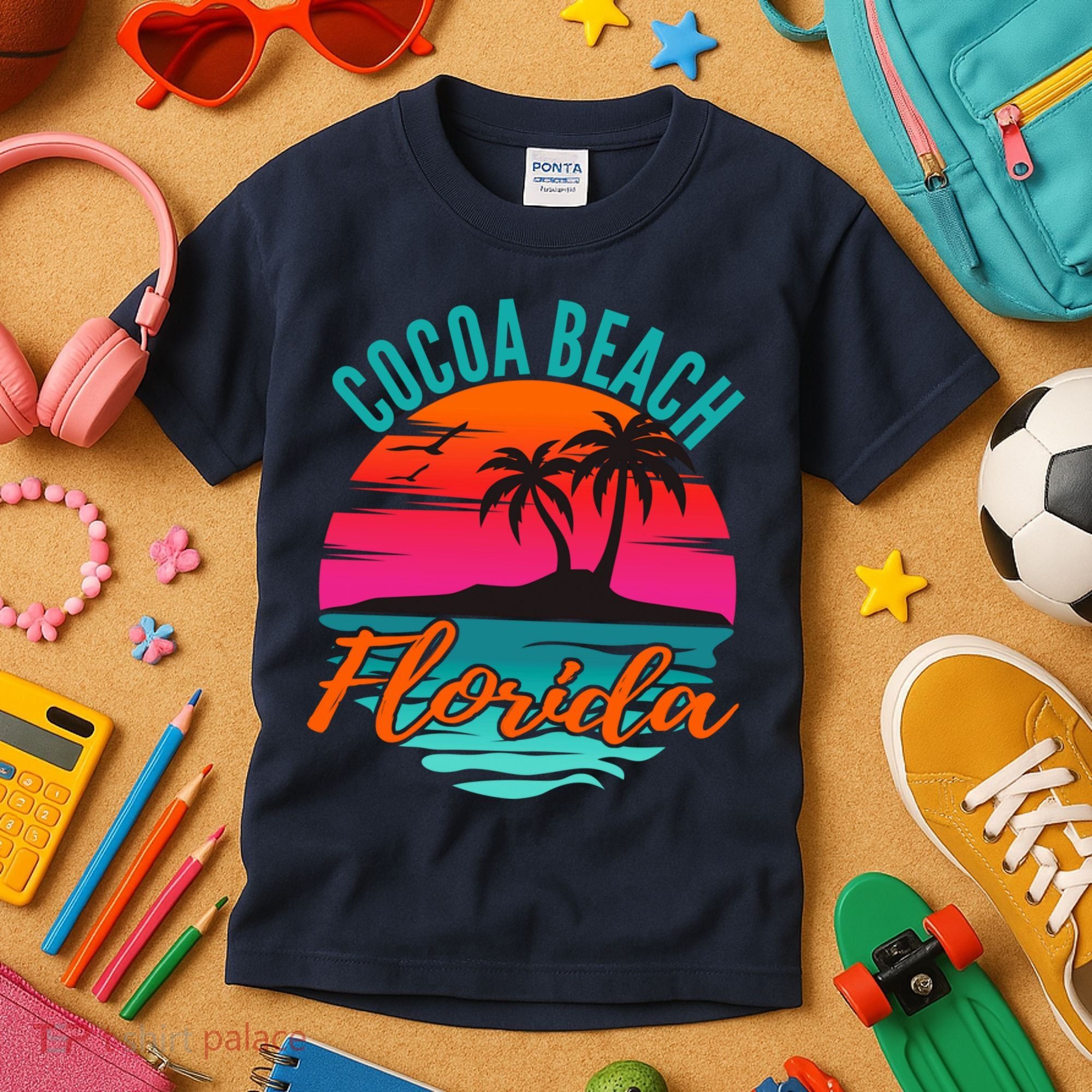 Cocoa Beach Florida Palm Tree Island Pink Sunset Kids T-Shirt