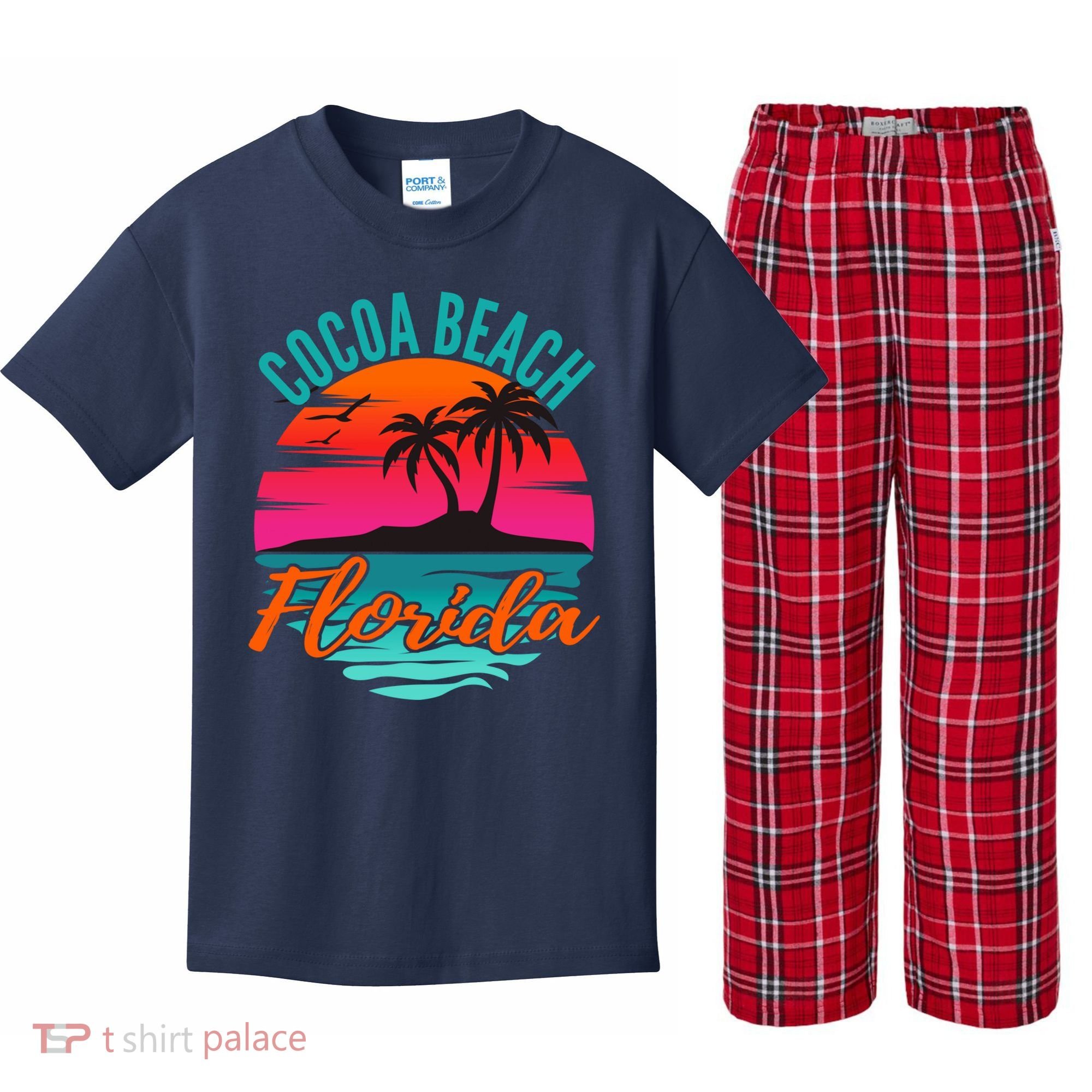 Cocoa Beach Florida Palm Tree Island Pink Sunset Kids Plaid Pajama Set