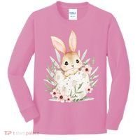 Cute Bunny Floral Happy Easter Kids Long Sleeve Shirt thumb 0
