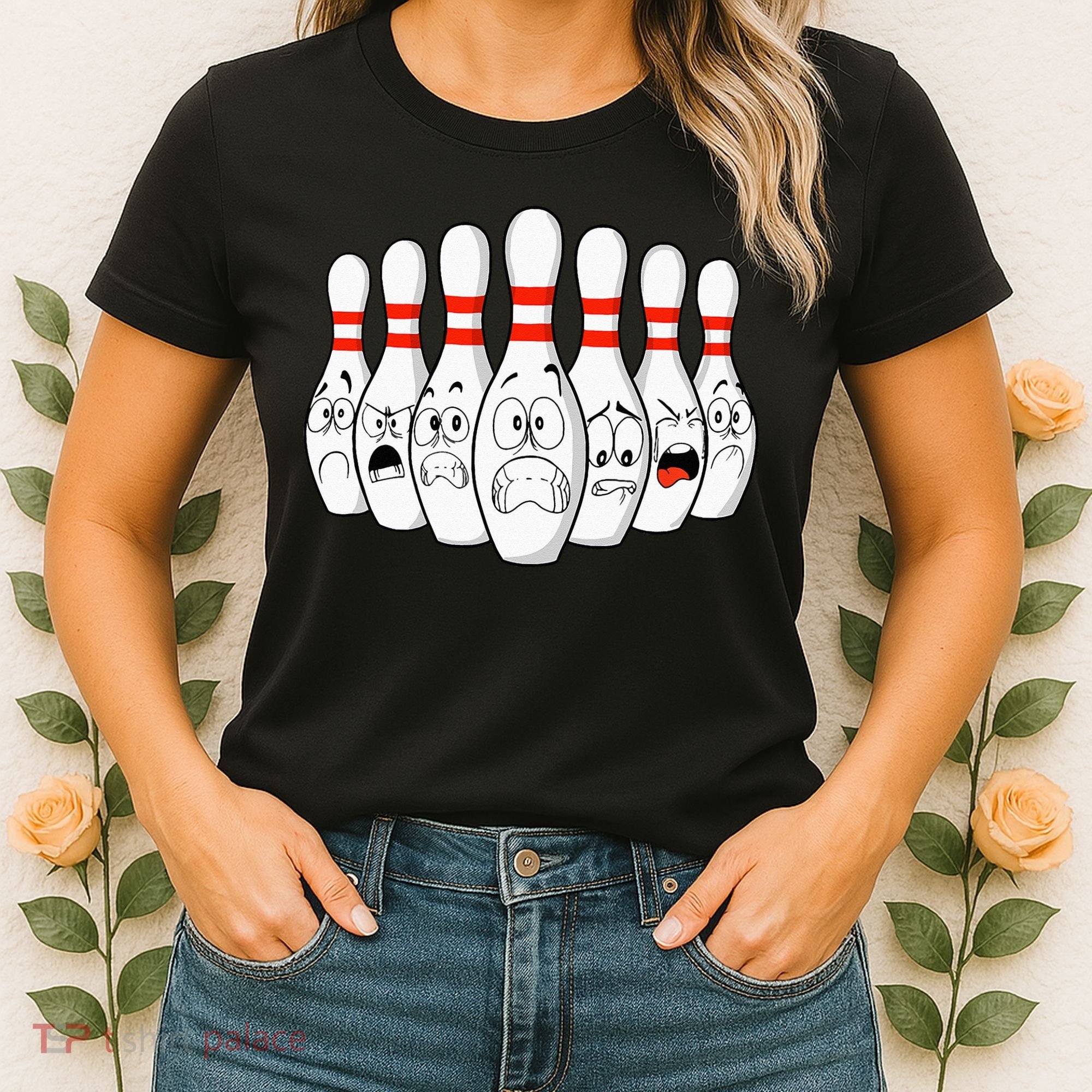 Cartoon Bowling Funny Scared Bowling Pins Women's T-Shirt