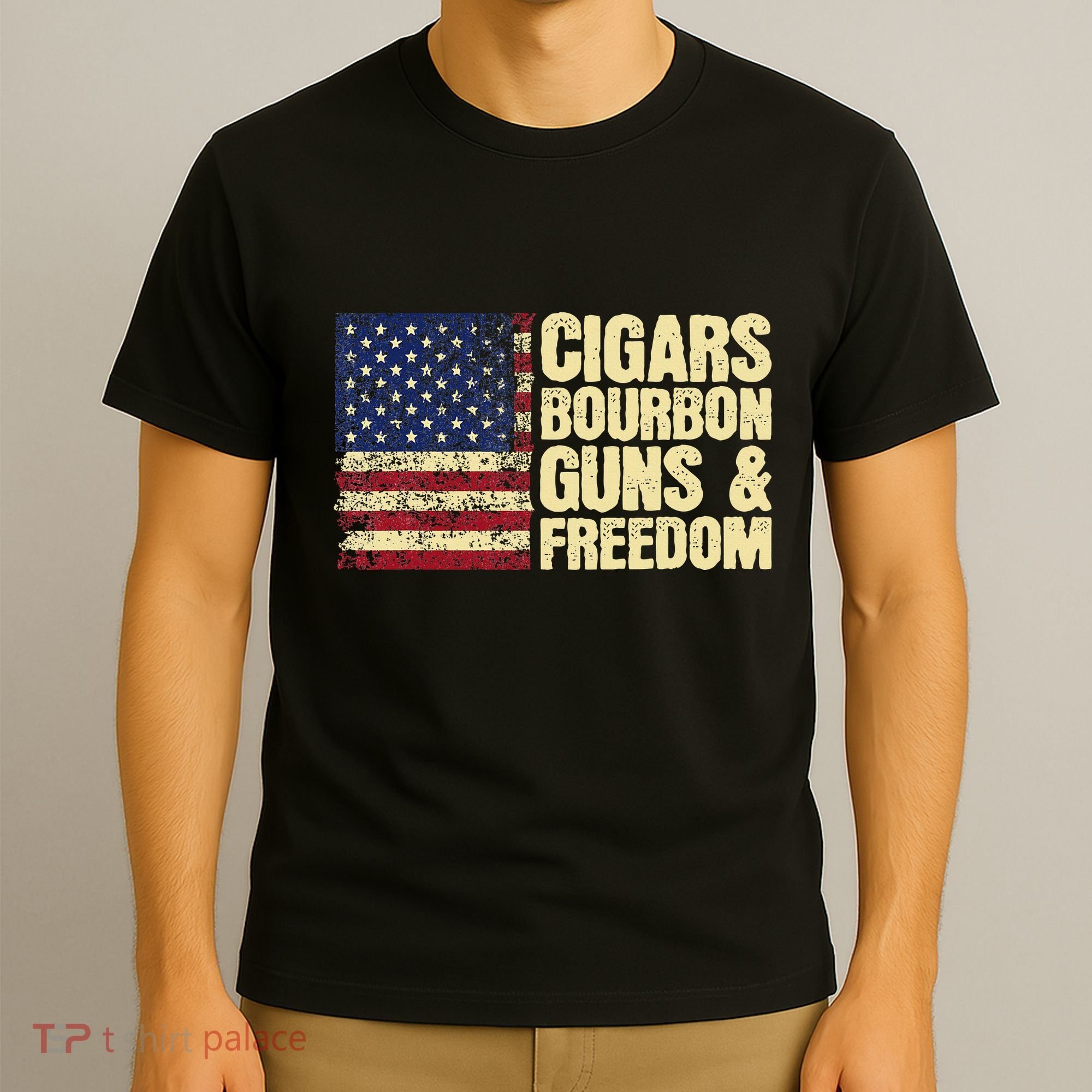 Cigars Bourbon Guns And Freedom American Flag T-Shirt