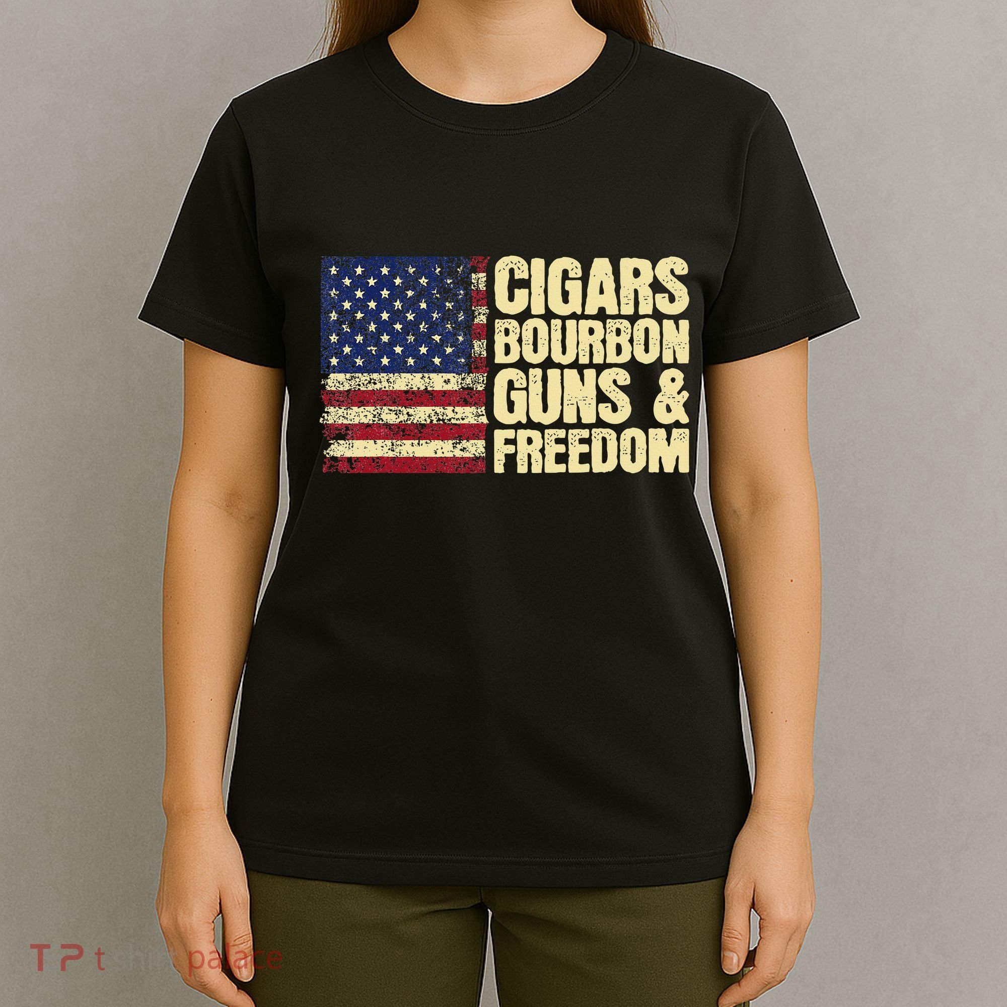 Cigars Bourbon Guns And Freedom American Flag T-Shirt