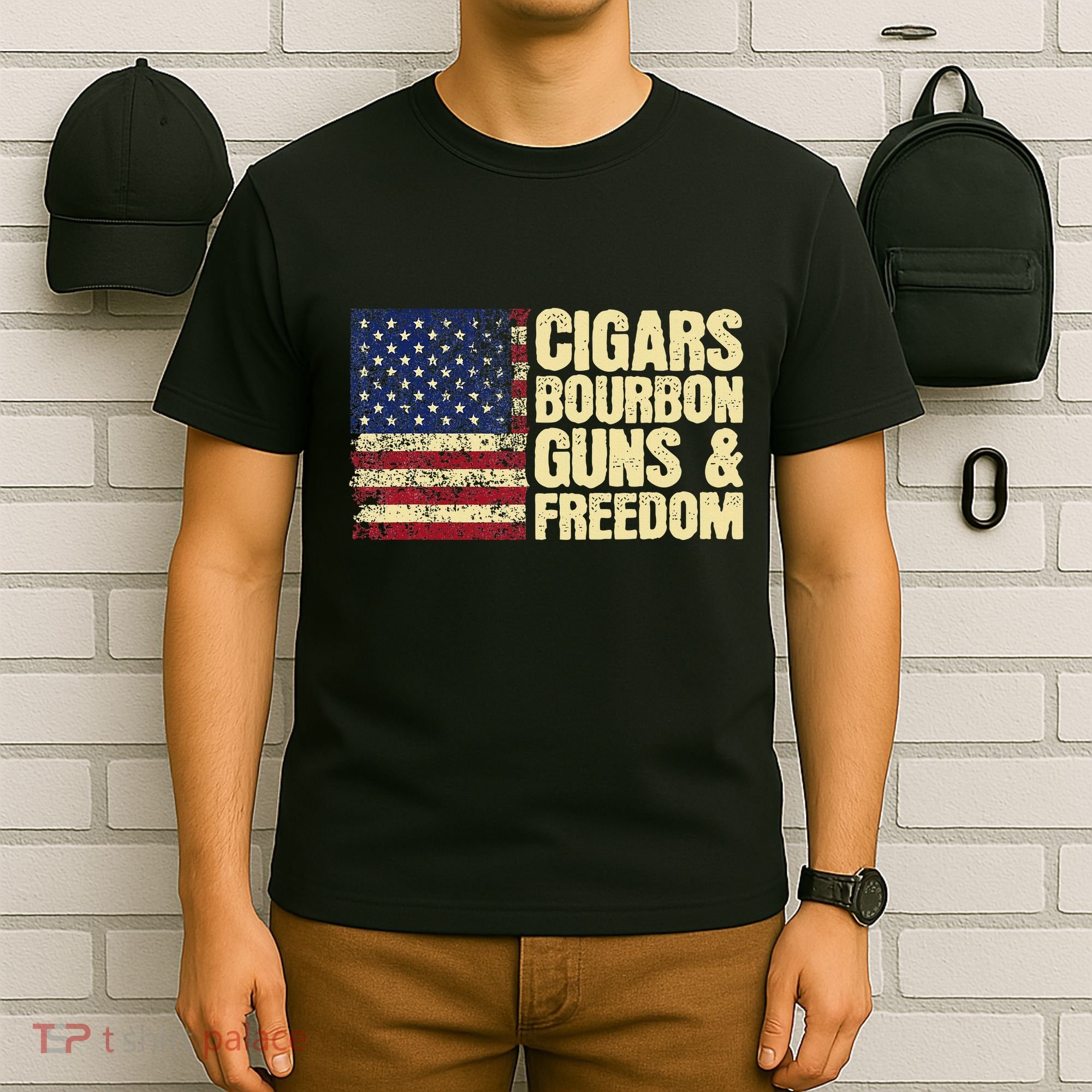 Cigars Bourbon Guns And Freedom American Flag T-Shirt